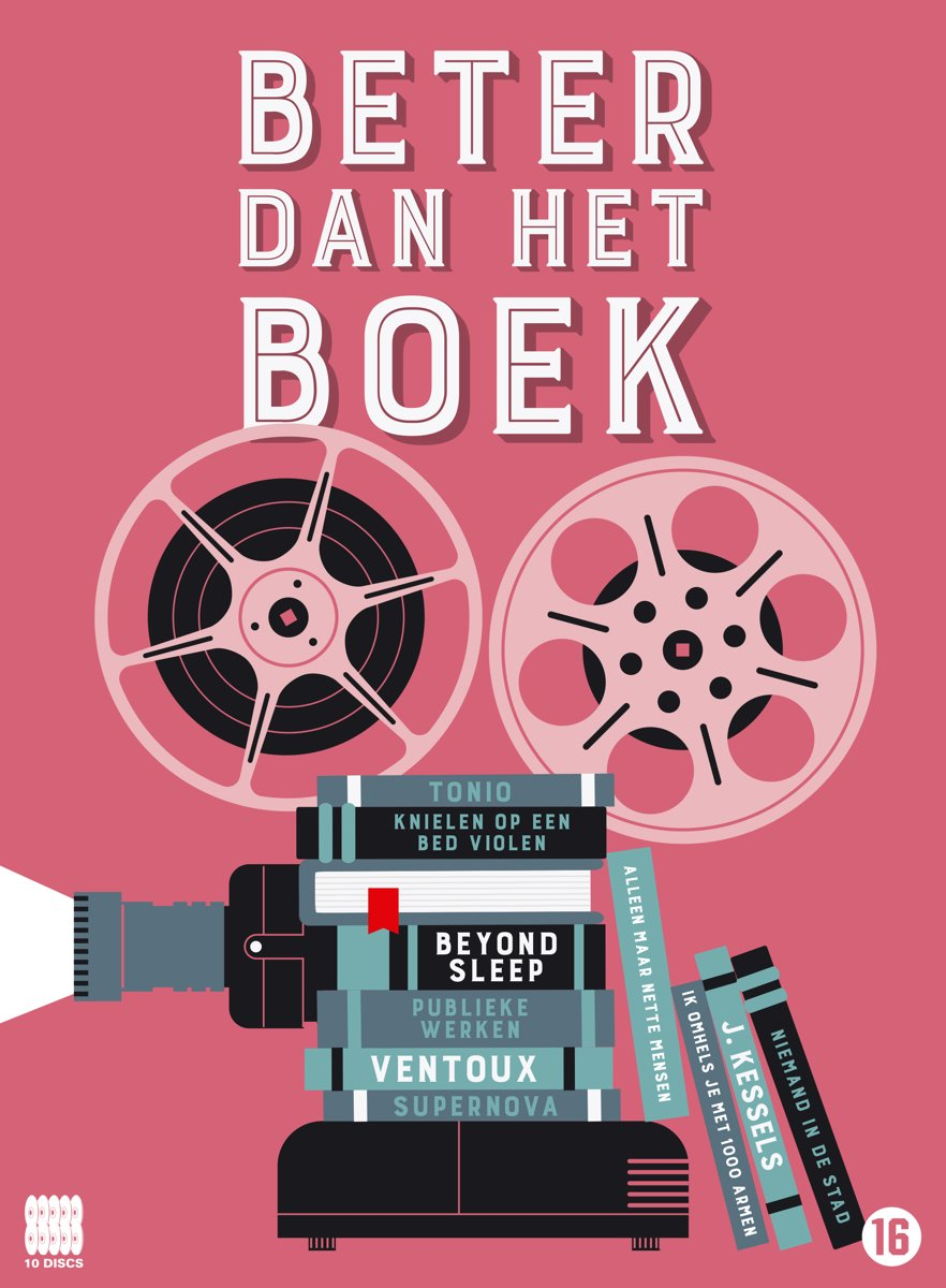 Affiche de film, titre 'Beter dan het Boek', bobines de film, livres et projecteur.