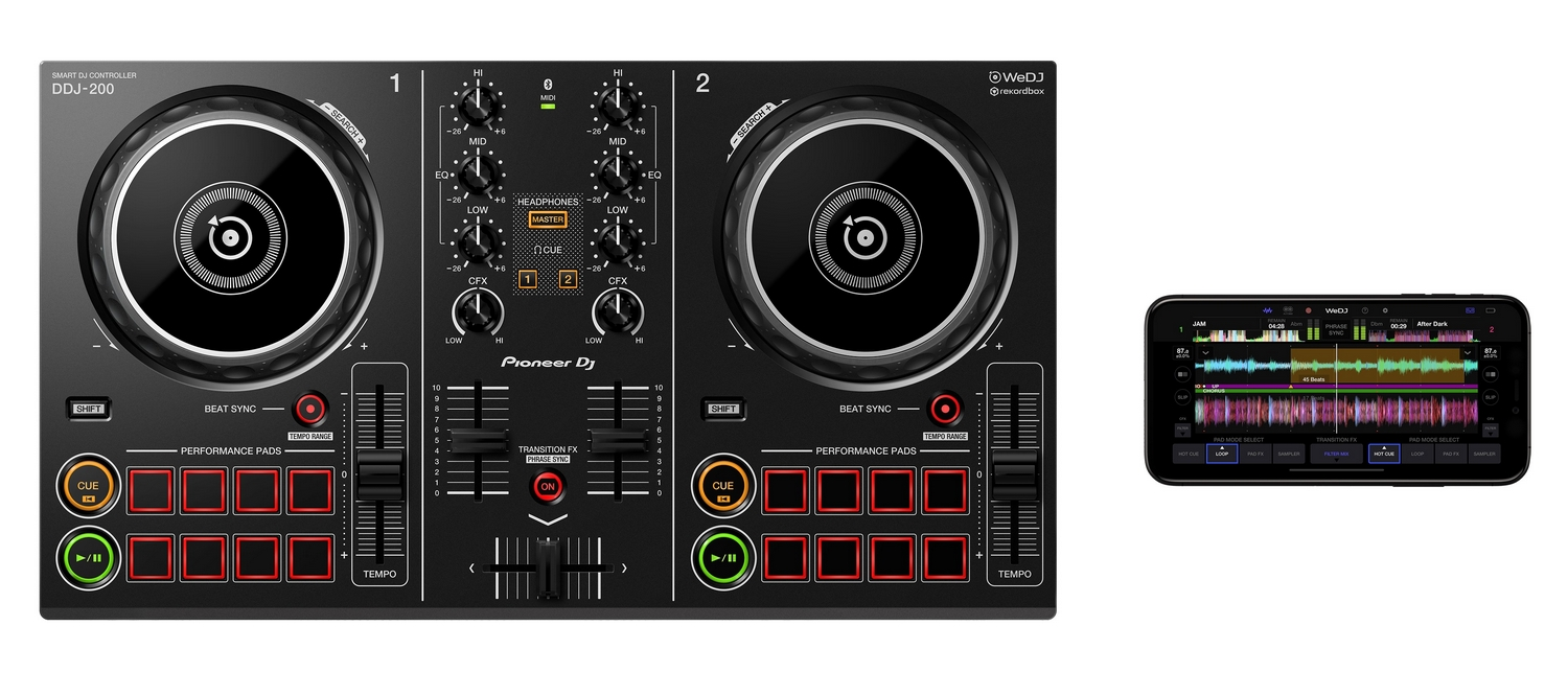 Controladora DJ - Pioneer DDJ-200, 2 canales, USB, Bluetooth, Rekordbox DJ, Jog Wheels, Negro