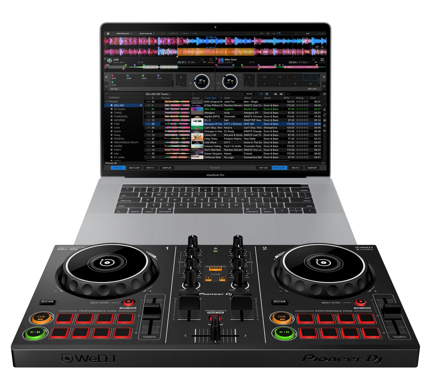 Controladora DJ - Pioneer DDJ-200, 2 canales, USB, Bluetooth, Rekordbox DJ, Jog Wheels, Negro