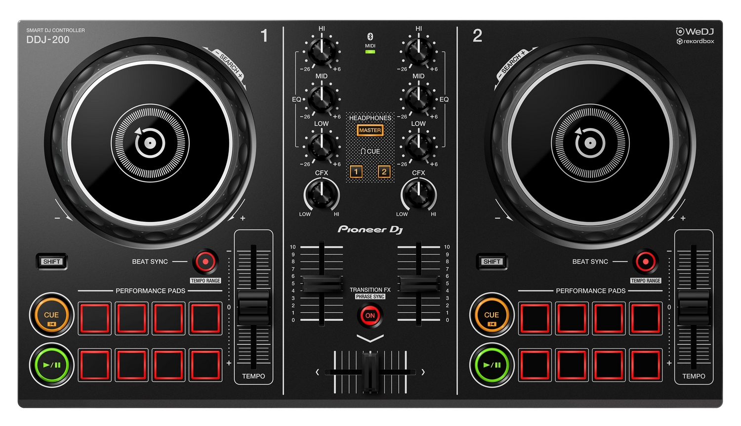Controladora DJ - Pioneer DDJ-200, 2 canales, USB, Bluetooth, Rekordbox DJ, Jog Wheels, Negro