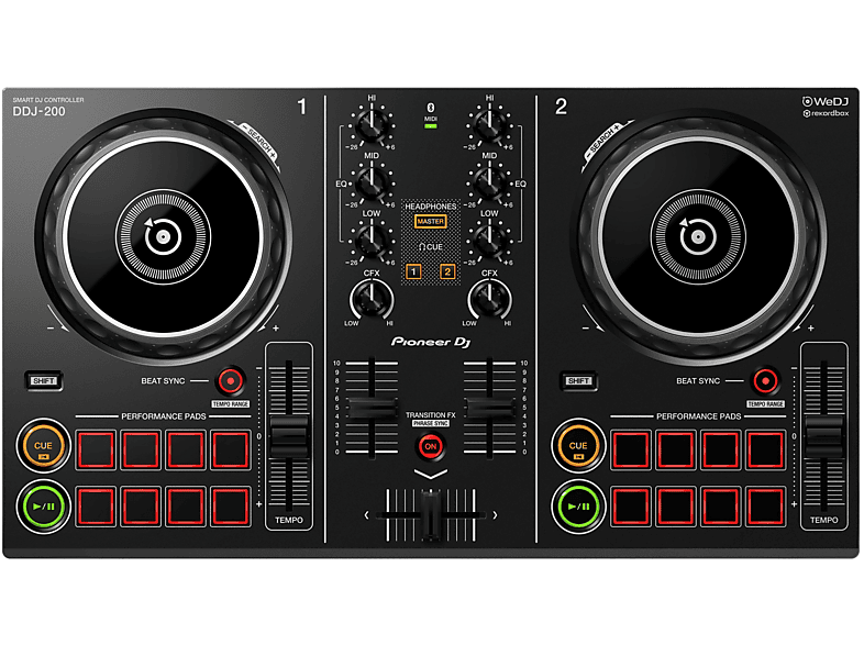 Controladora DJ - Pioneer DDJ-200, 2 canales, USB, Bluetooth, Rekordbox DJ, Jog Wheels, Negro