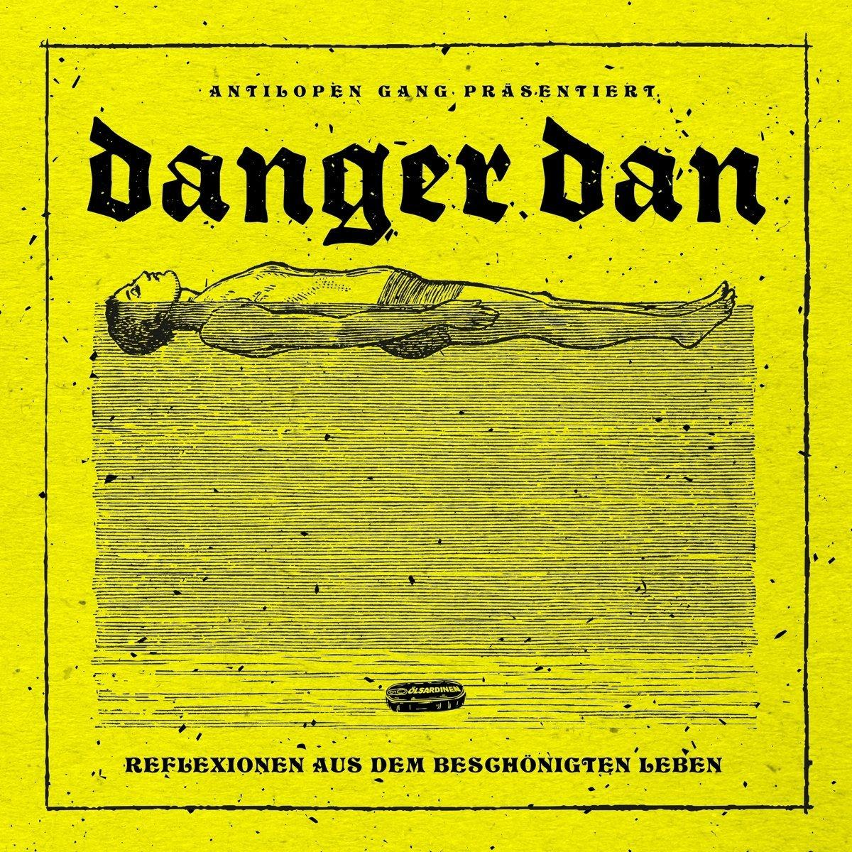 Albumcover, gelber Hintergrund, schwarze Illustration eines Mannes. Text ist in Schwarz.