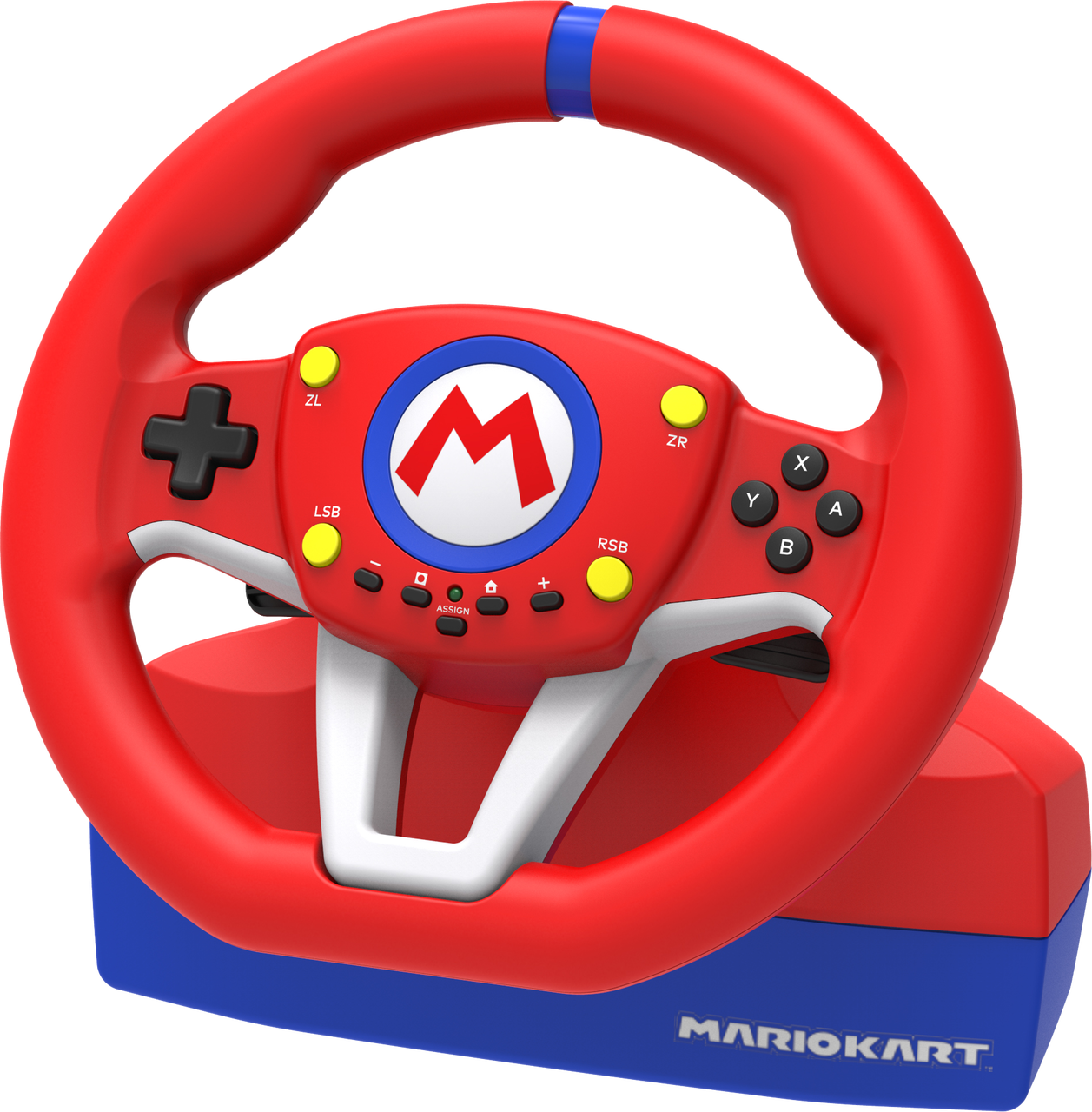 Mario Kart Lenkrad-Controller in Rot und Blau mit Knöpfen und Mario-Logo.
