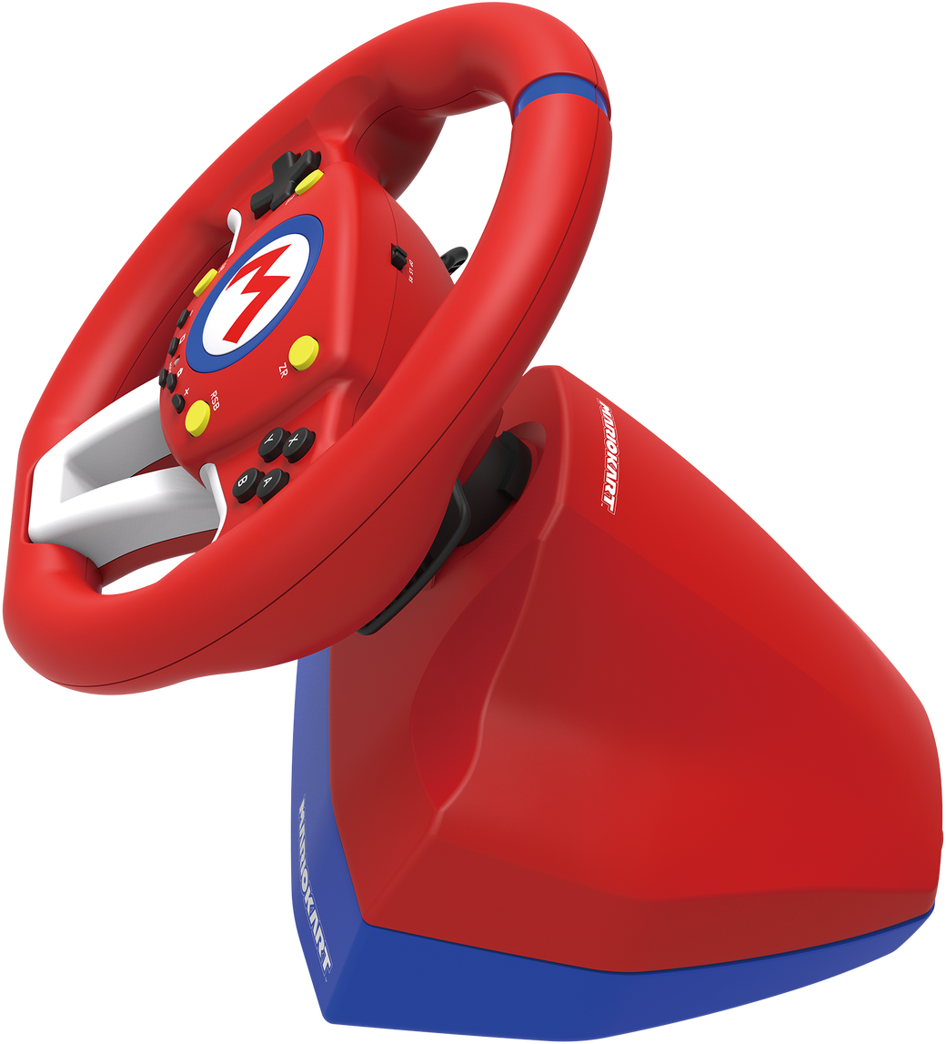 Rotes Mario Kart Lenkrad, mit Knöpfen und Logo, auf roter und blauer Basis.