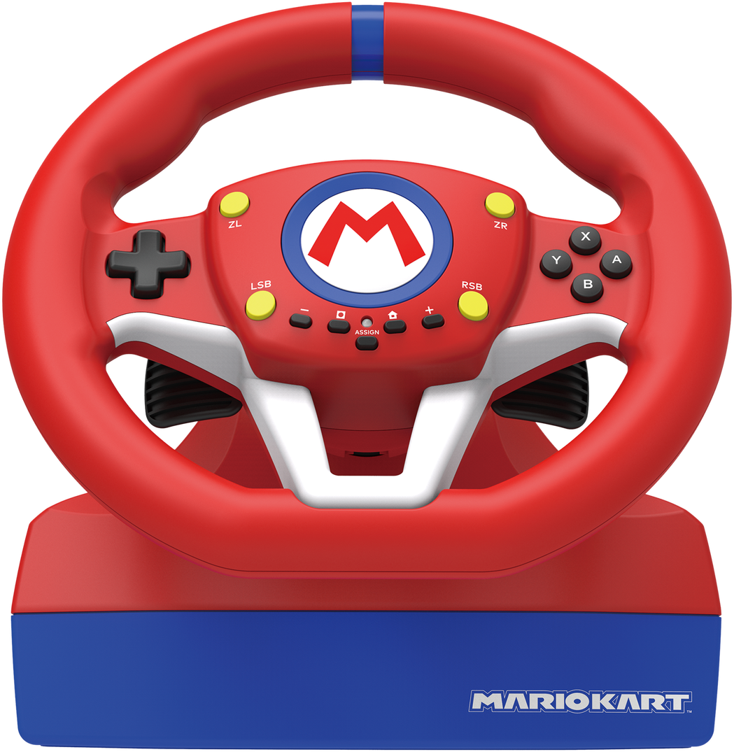 Ein rot-blauer Mario Kart-Lenkrad-Controller mit Tasten und einem Mario-Logo wird gezeigt.