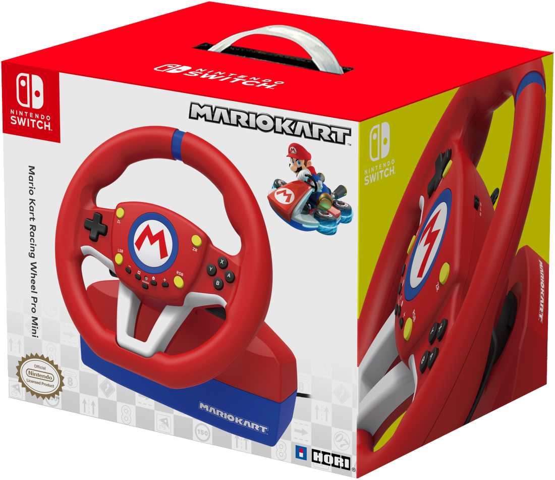Verpacktes Mario Kart Racing Wheel Pro Mini. Die Box zeigt das Lenkrad und Mario auf einem Kart.