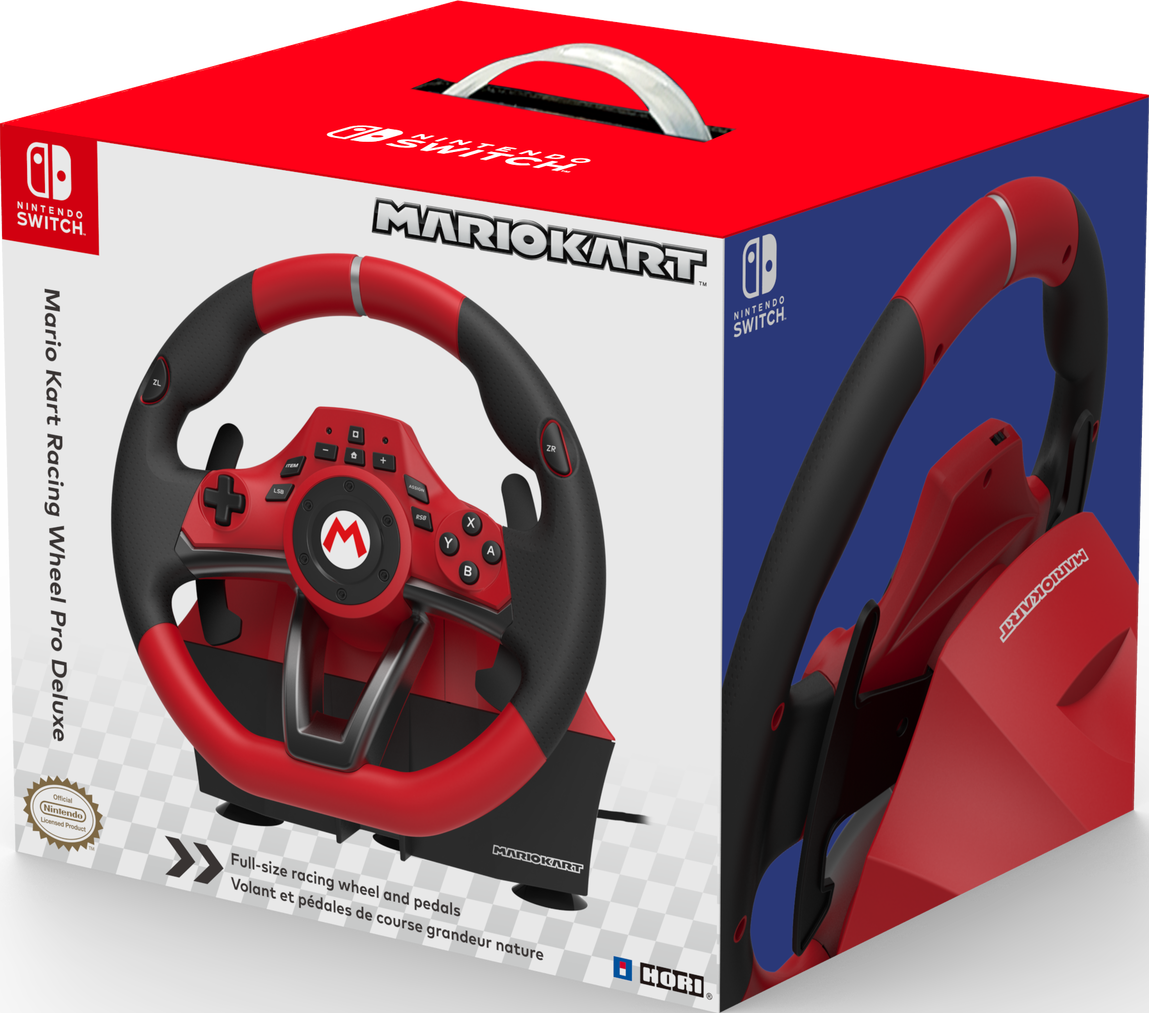 Verpacktes Mario Kart Rennlenkrad. Rotes Lenkrad und Pedale auf einem Ständer, mit roter und schwarzer Box.
