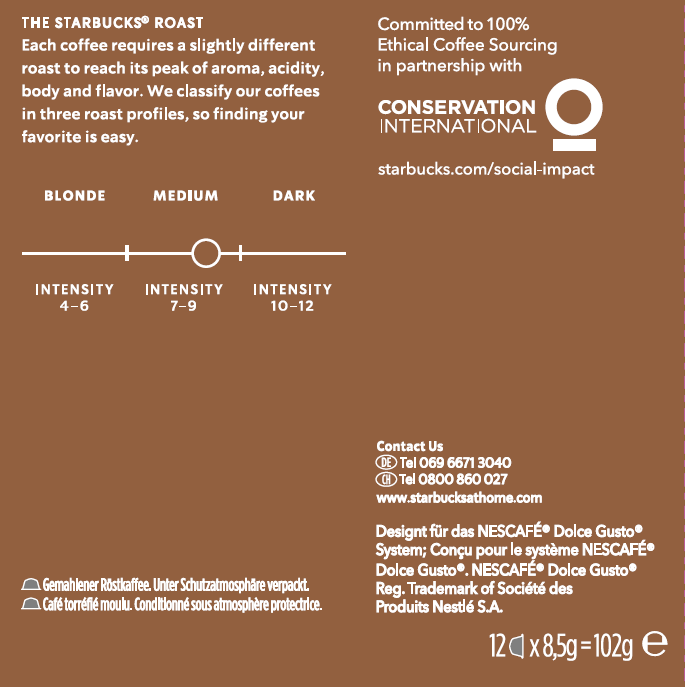 Nahaufnahme eines Starbucks-Kaffeeetiketts. Es zeigt Röstprofile, Intensitätsstufen und Kontaktinformationen.