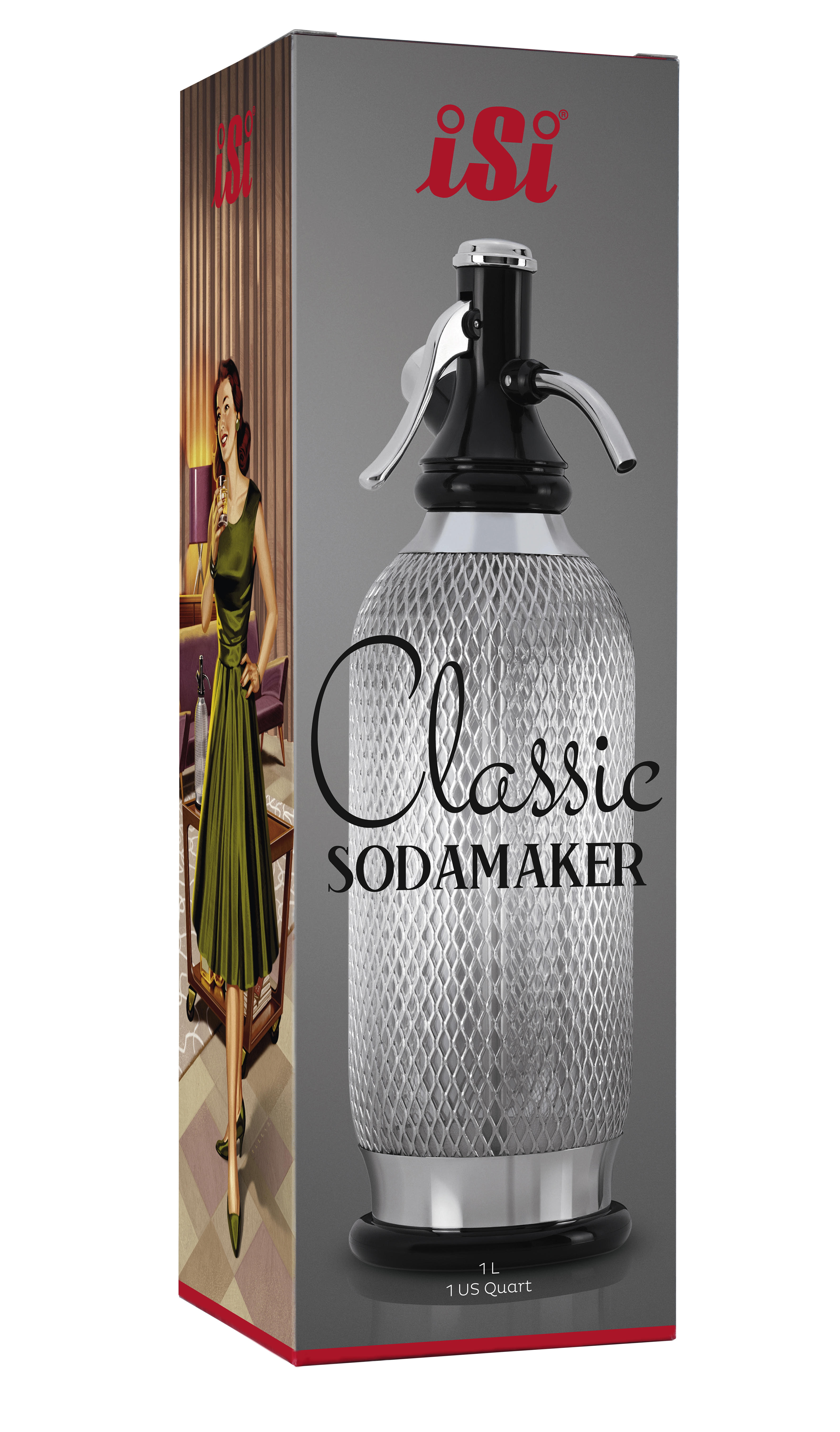 Soda-Maker in einer Box. Die Box hat eine Illustration einer Frau. Vorne steht Classic Sodamaker.