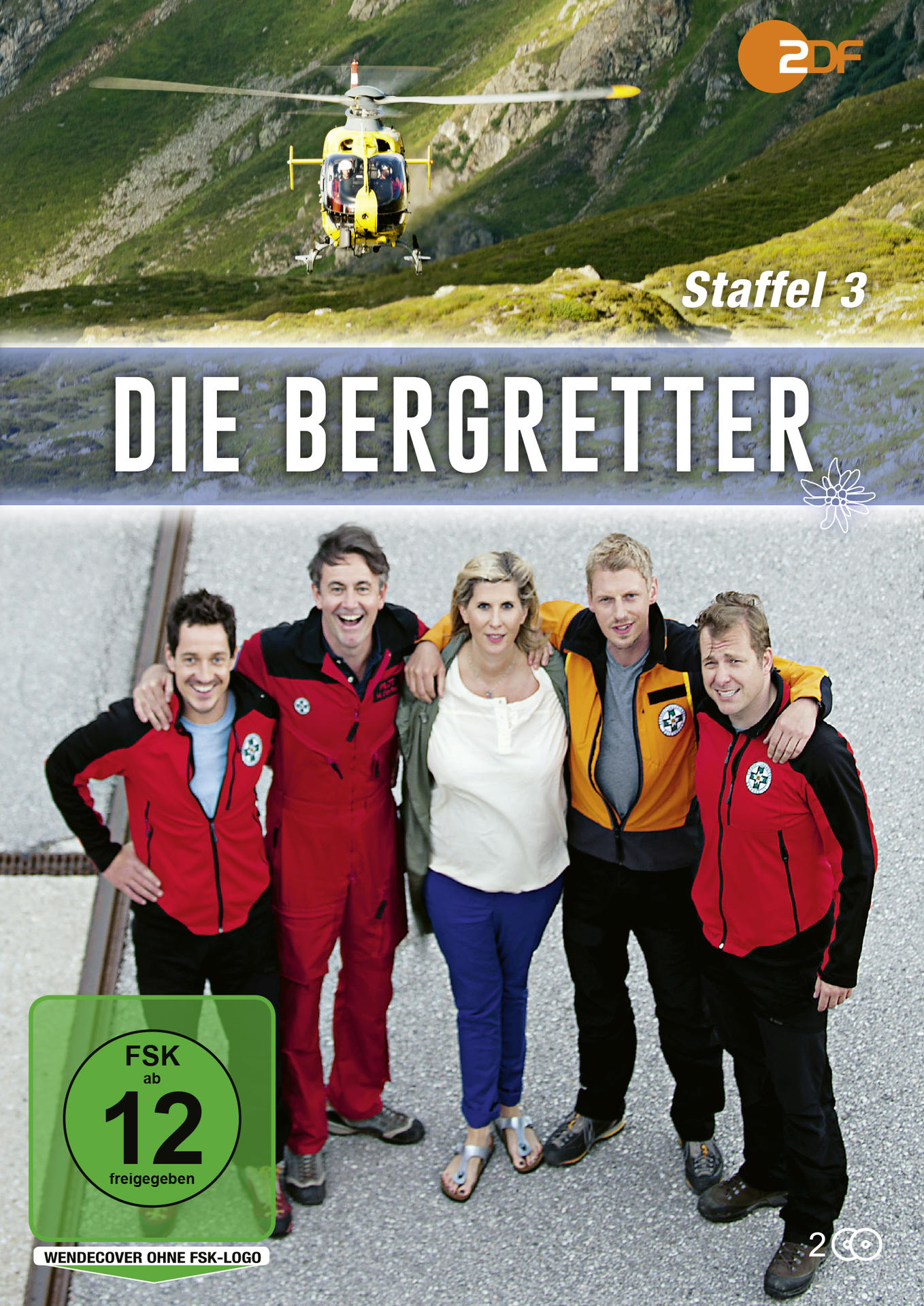 DVD-Cover mit Schauspielern, einem Helikopter und einer Bergszene. Titel: Die Bergretter.
