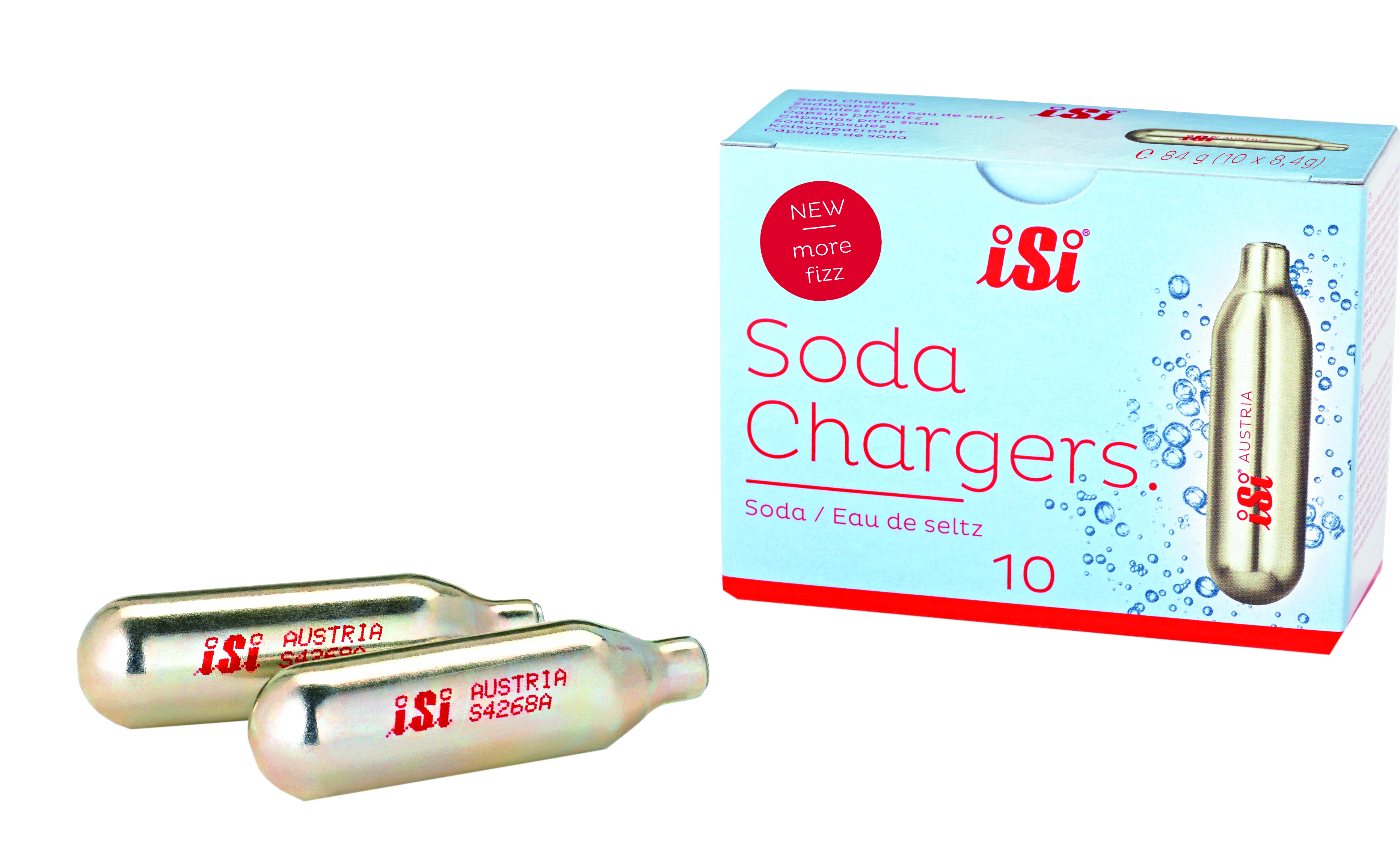 Soda-Ladegerät-Box und -Zylinder. Box: 'Soda Chargers', Zylinder sind Metall mit weißen und roten Etiketten.