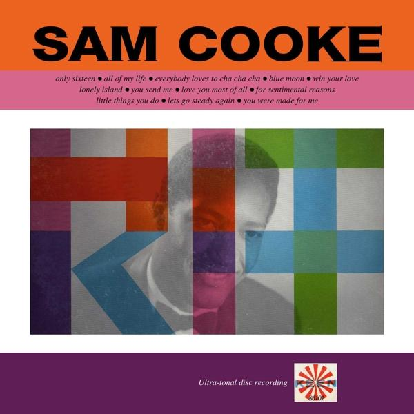 Pochette d'album de Sam Cooke avec des carrés colorés. Texte: "Sam Cooke", les titres des chansons sont listés sous l'image.