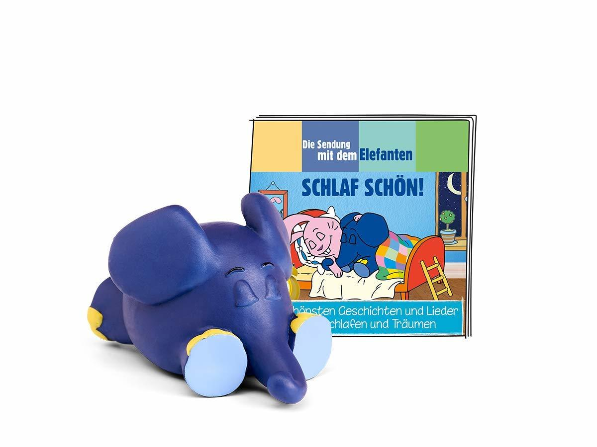 Ein blaues Elefanten-Spielzeug und ein Buch mit dem Titel 'Die Sendung mit dem Elefanten' mit schlafenden Elefanten.