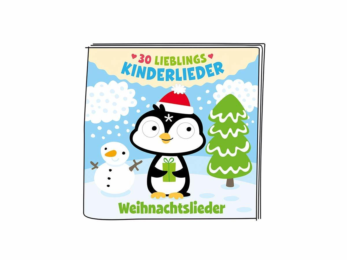Buchcover mit Pinguin mit Weihnachtsmütze, Schneemann und Weihnachtsbaum. Text: 30 Lieblings Kinderlieder, Weihnachtsleider.