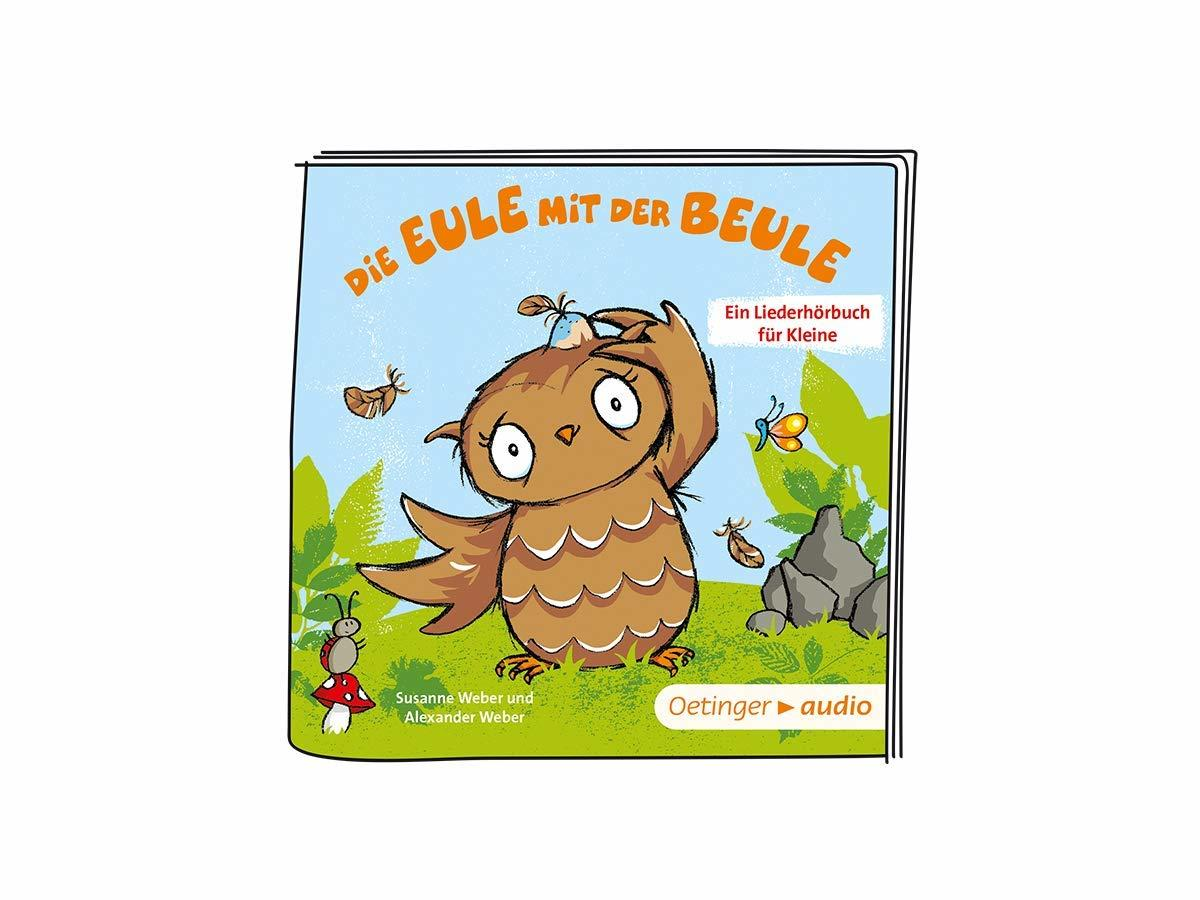 Ein Kinderbuchcover: Eine braune Eule mit verwirrtem Ausdruck. Insekten und Text sind ebenfalls auf weißem Hintergrund sichtbar.