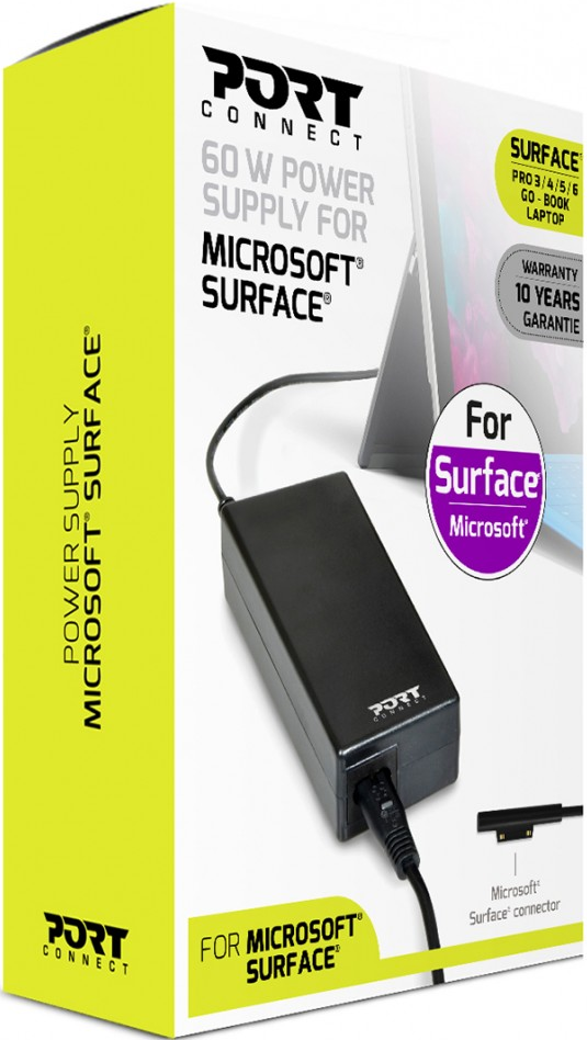 Una scatola gialla con un alimentatore Microsoft Surface. Caricatore e cavo neri visibili, marchio in evidenza.