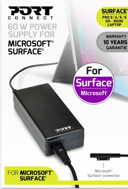 Alimentatore Port Connect da 60 W per laptop Microsoft Surface, nero, con cavo e connettore.