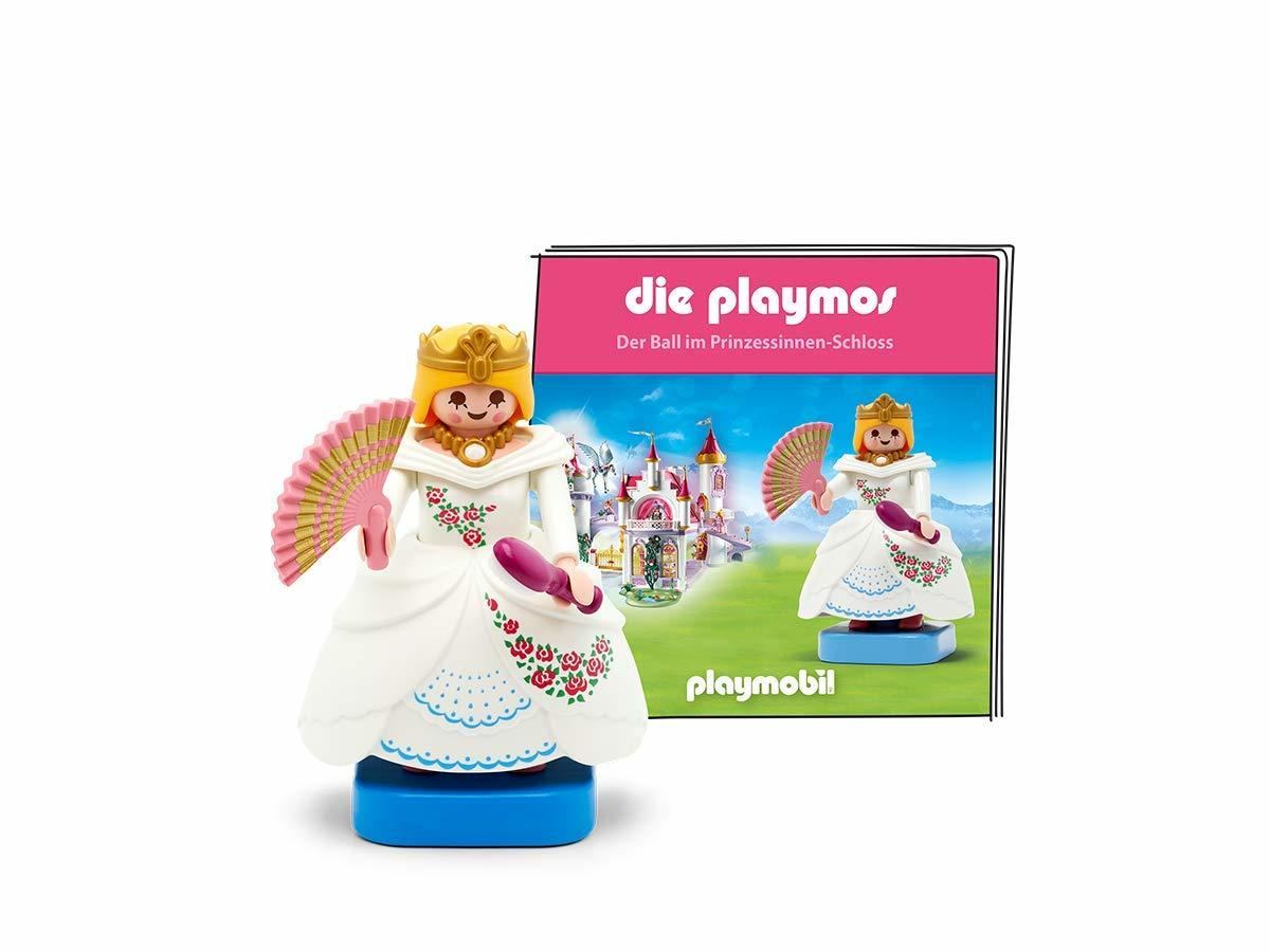 Playmobil-Set: Prinzessin mit Fächer, rosa Buch, Burg-Hintergrund, weißer Hintergrund.