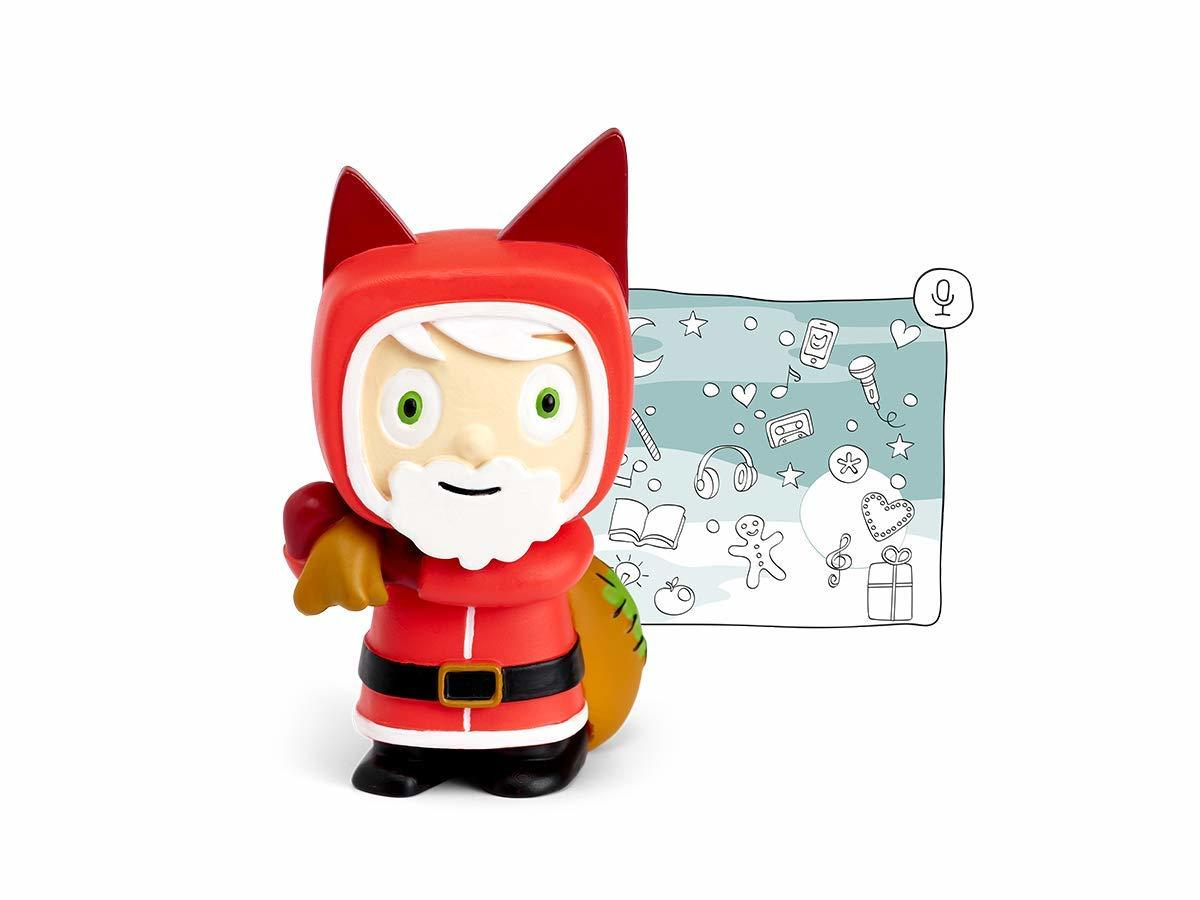 Eine Weihnachtsmann-Figur mit rotem Anzug und einem cartoonartigen Gesicht, mit einer Zeichnung von Icons.