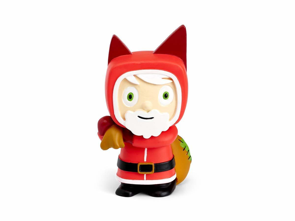 Cartoon-Weihnachtsmannfigur mit rotem Anzug und Katzenohren, hält einen Sack auf Weiß.