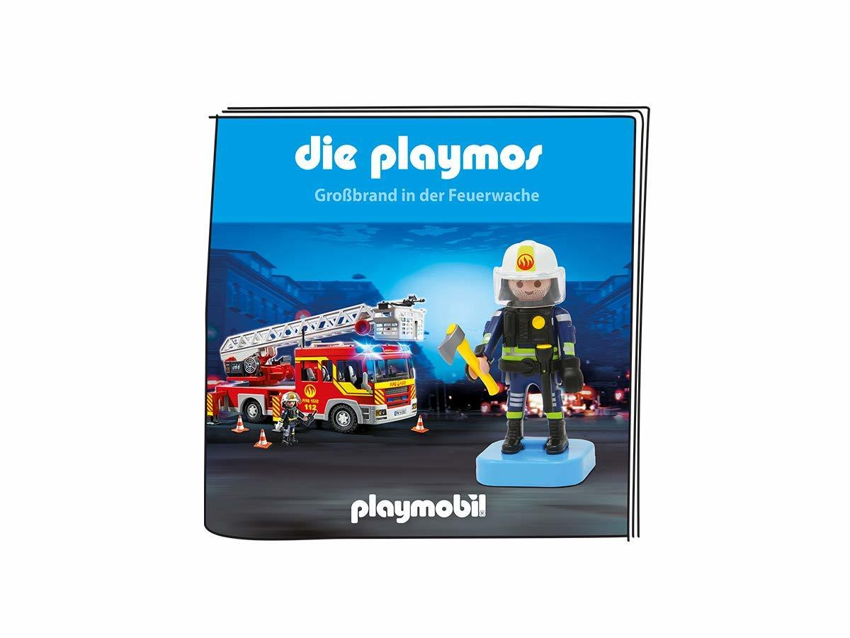 Playmobil-Box mit einer Feuerwehrmann-Figur, einem Feuerwehrwagen und dem Titel "Die Playmos".