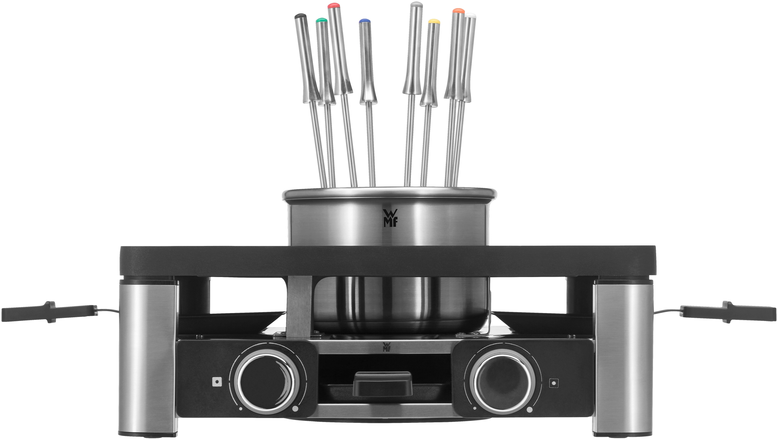Fondue-Set mit einem Edelstahltopf, Gabeln und einer Heizbasis mit Bedienelementen.