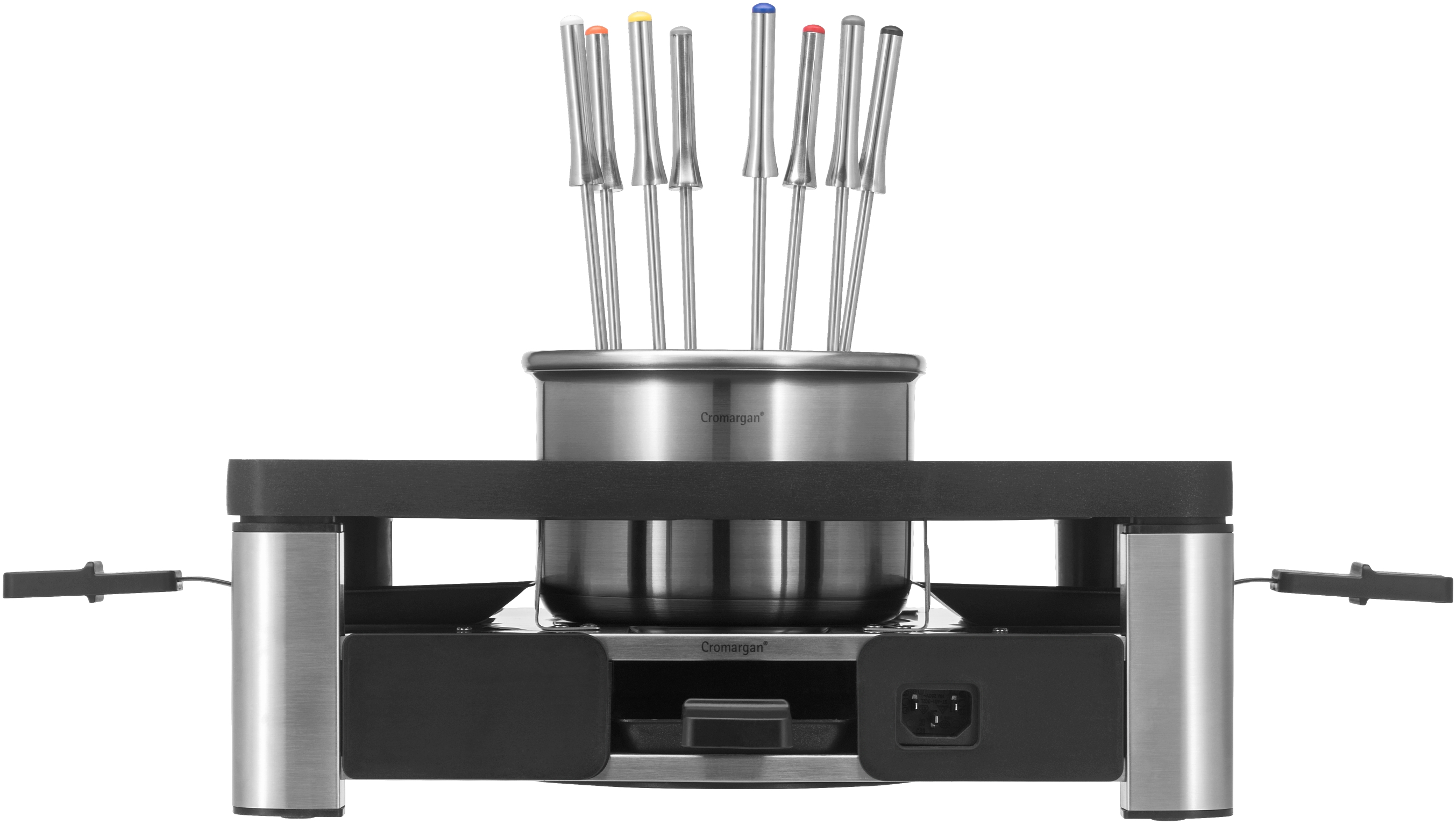 Ein Edelstahl-Fondue-Set mit bunten Gabeln auf einem schwarz-silbernen Ständer.