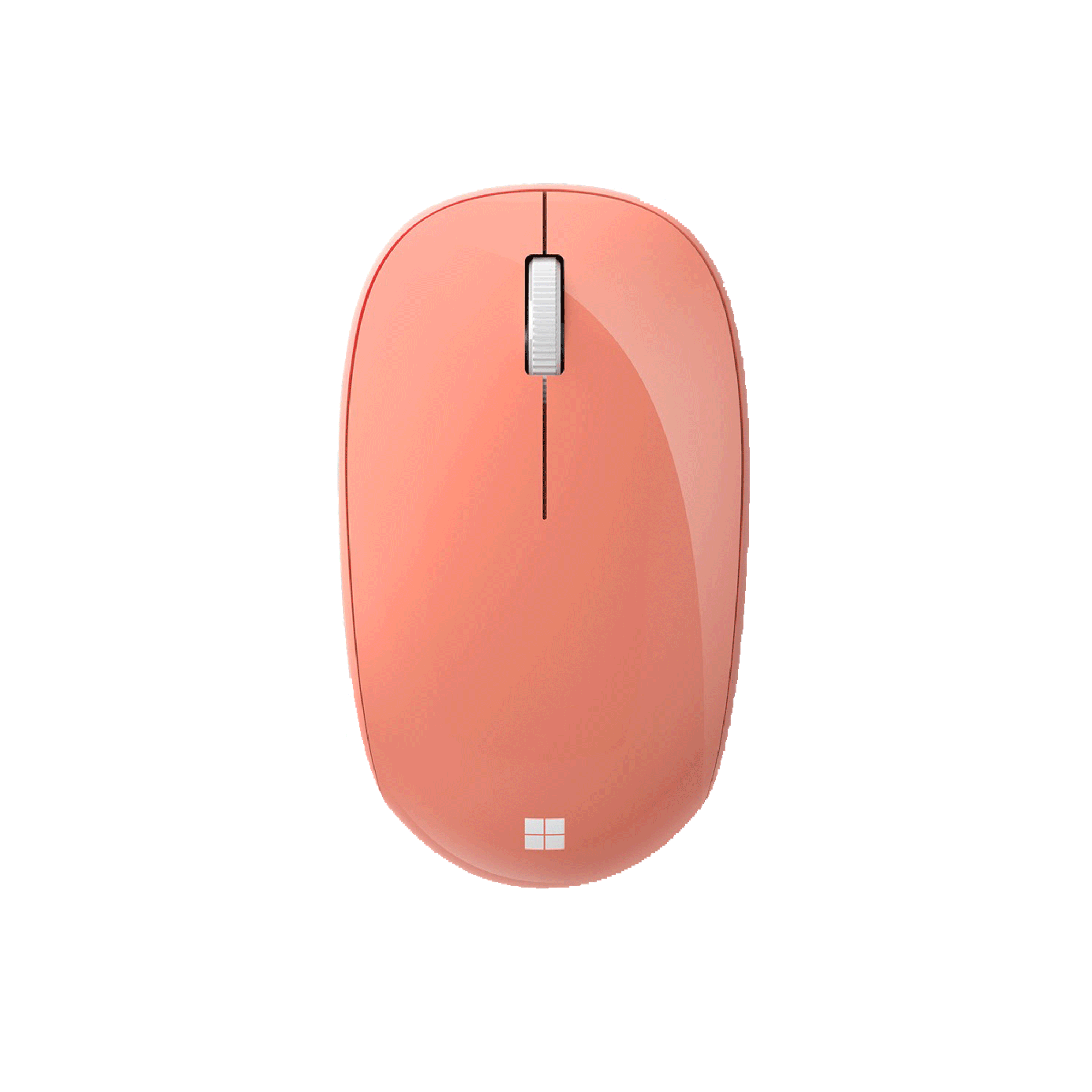 A coral-colored wireless mouse. It is a flat, oval shape with a scroll wheel.