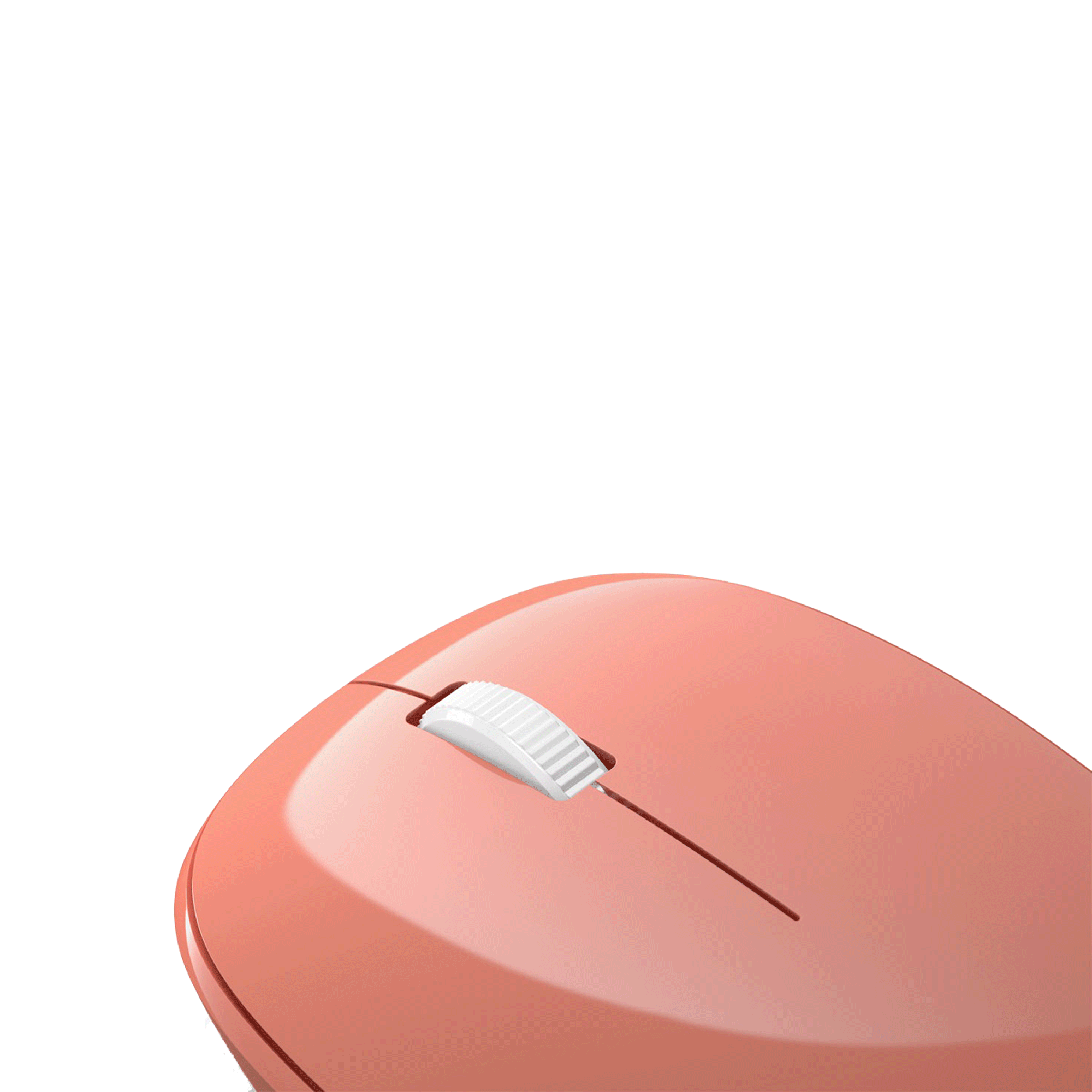A pink computer mouse, viewed from above, with a white scroll wheel.