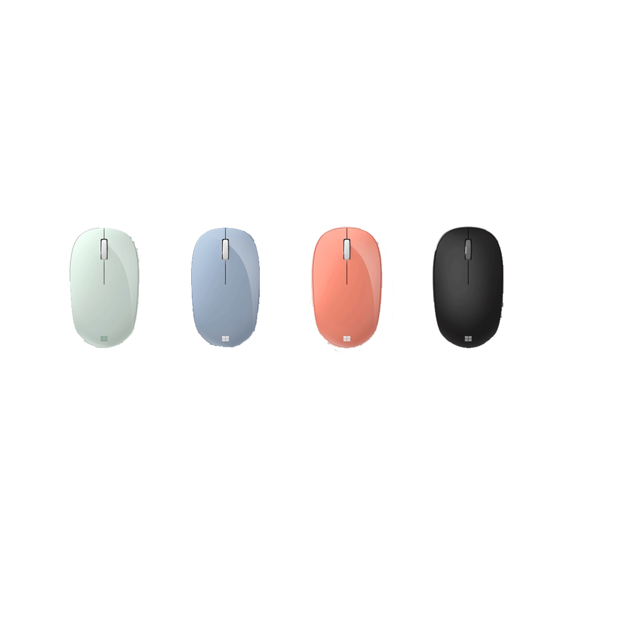 Four Microsoft computer mice in different colors. Light green, light blue, peach, and black.