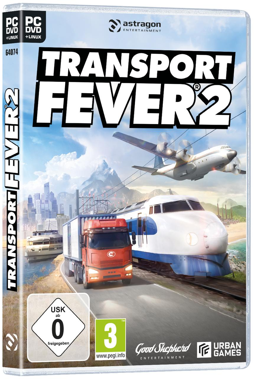 Spielbox-Art mit LKW, Zug, Flugzeug und Stadt. Text: Transport Fever 2.