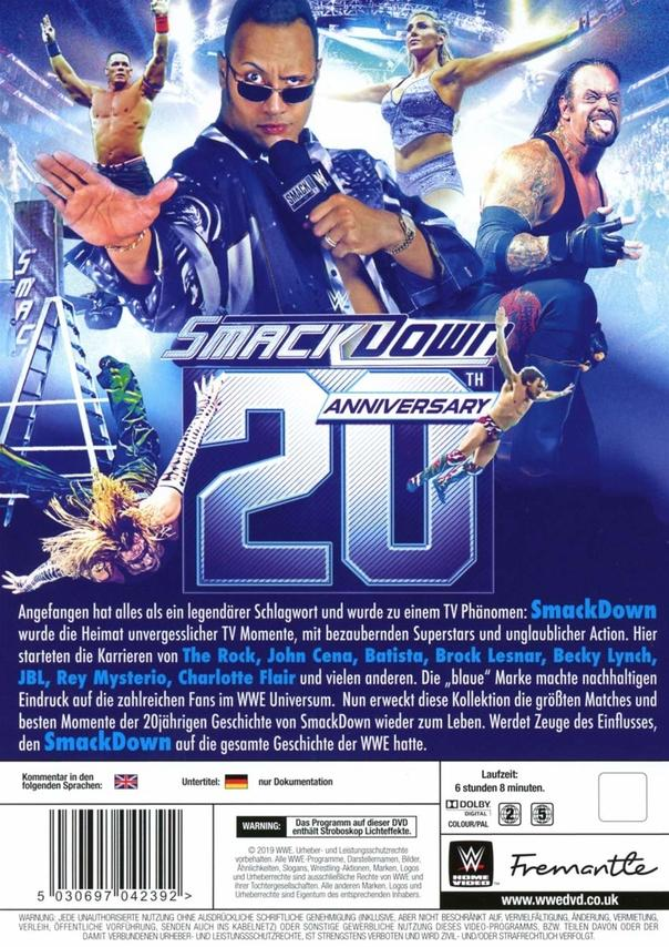 DVD-Cover für SmackDown 20th Anniversary. Zeigt WWE-Wrestler wie The Rock und andere.