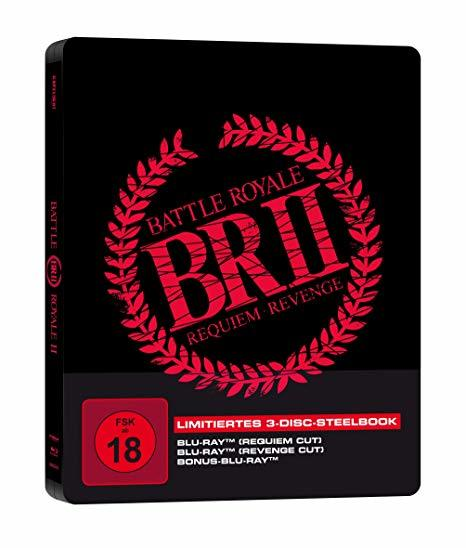 Eine schwarze Blu-ray-Hülle mit dem Titel „Battle Royale II“ und dem Symbol 18.