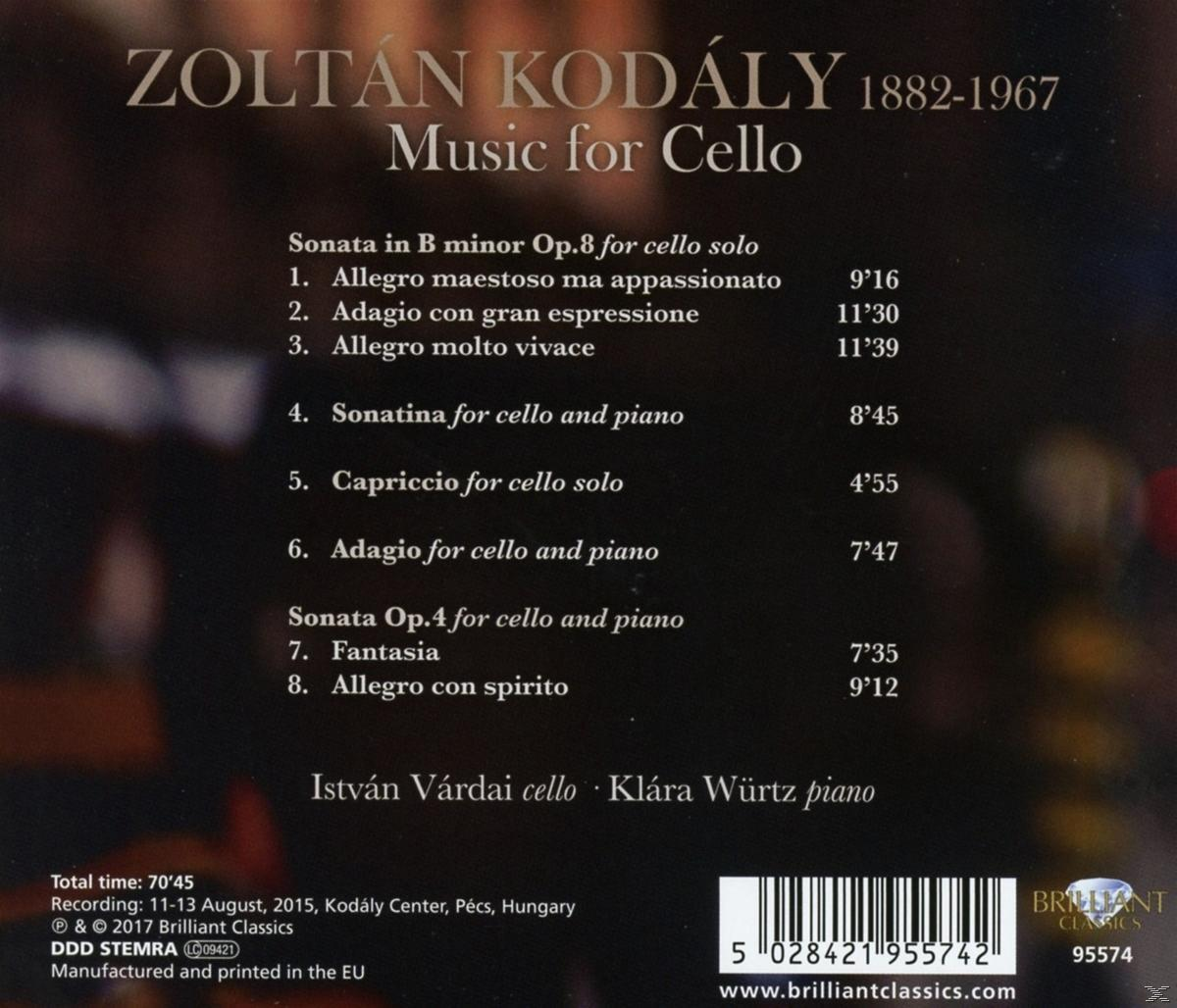 CD-borító szöveggel: Zoltán Kodály, Zene gordonkára. Tartalmazza a számlistát, István Várdai és Klára Würtz előadókat, és a Brilliant Classics logóját.