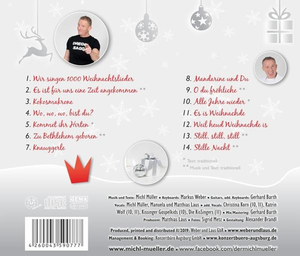 Weihnachts-CD-Cover. Ein Mann mit Weihnachtsmütze und Weihnachtsliedtitel werden gezeigt.