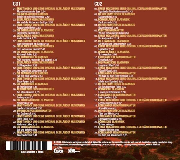 CD-Hülle mit Titellisten auf Deutsch. Der Hintergrund ist eine Mischung aus Rot- und Brauntönen.