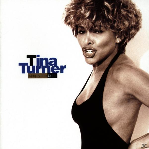 Tina Turner Albumcover, ihr Gesicht im Profil, trägt ein schwarzes Top, mit dem Text 'simply the best'.