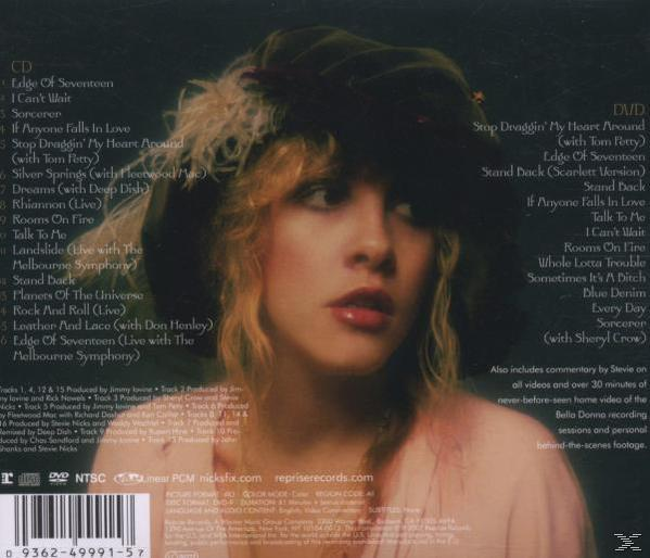 Rückseite eines Stevie Nicks Albums. Es zeigt ihr Gesicht, Trackliste und DVD-Details.