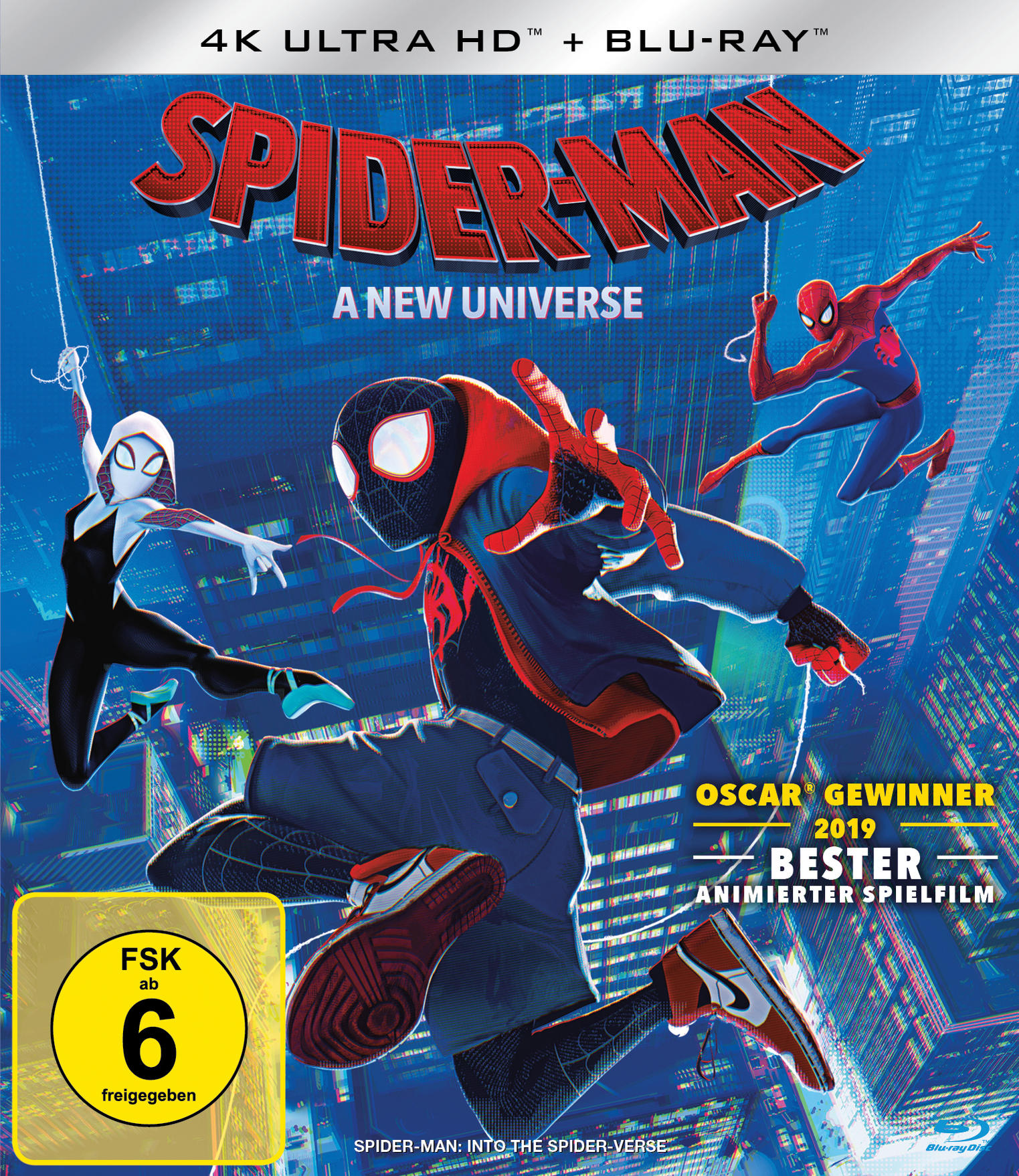 Spider-Man: A New Universe Blu-ray-Cover. Spider-Man und andere Spider-People im animierten Stil.