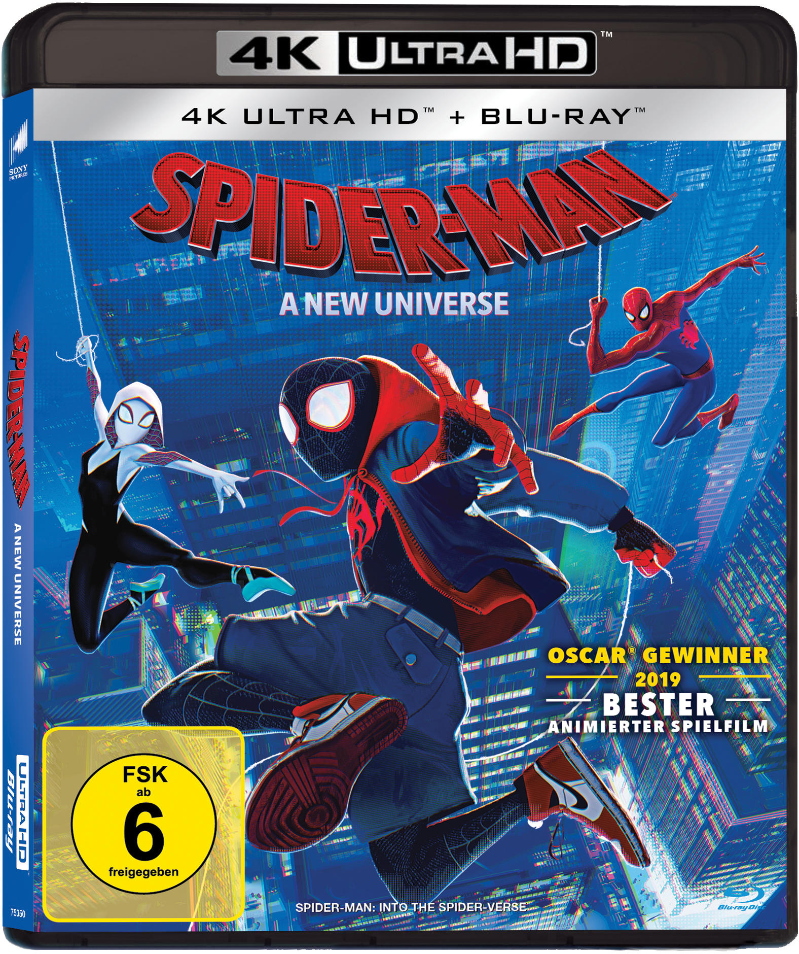 Blu-ray-Cover von Spider-Man: A New Universe. Zeigt Spider-Man-Charaktere in Action-Szenen vor einer Stadtkulisse.