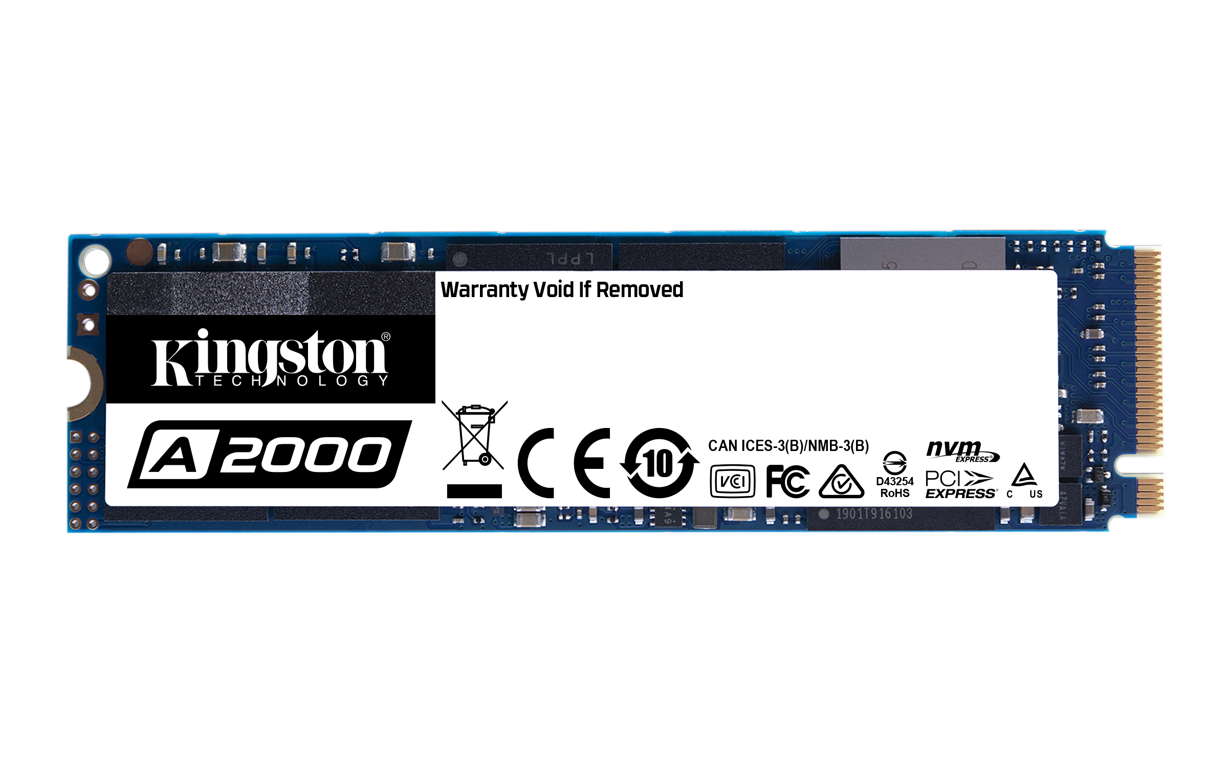 Kingston A2000 SSD. Weißes Etikett mit Text und Logos. Blaue Platine.