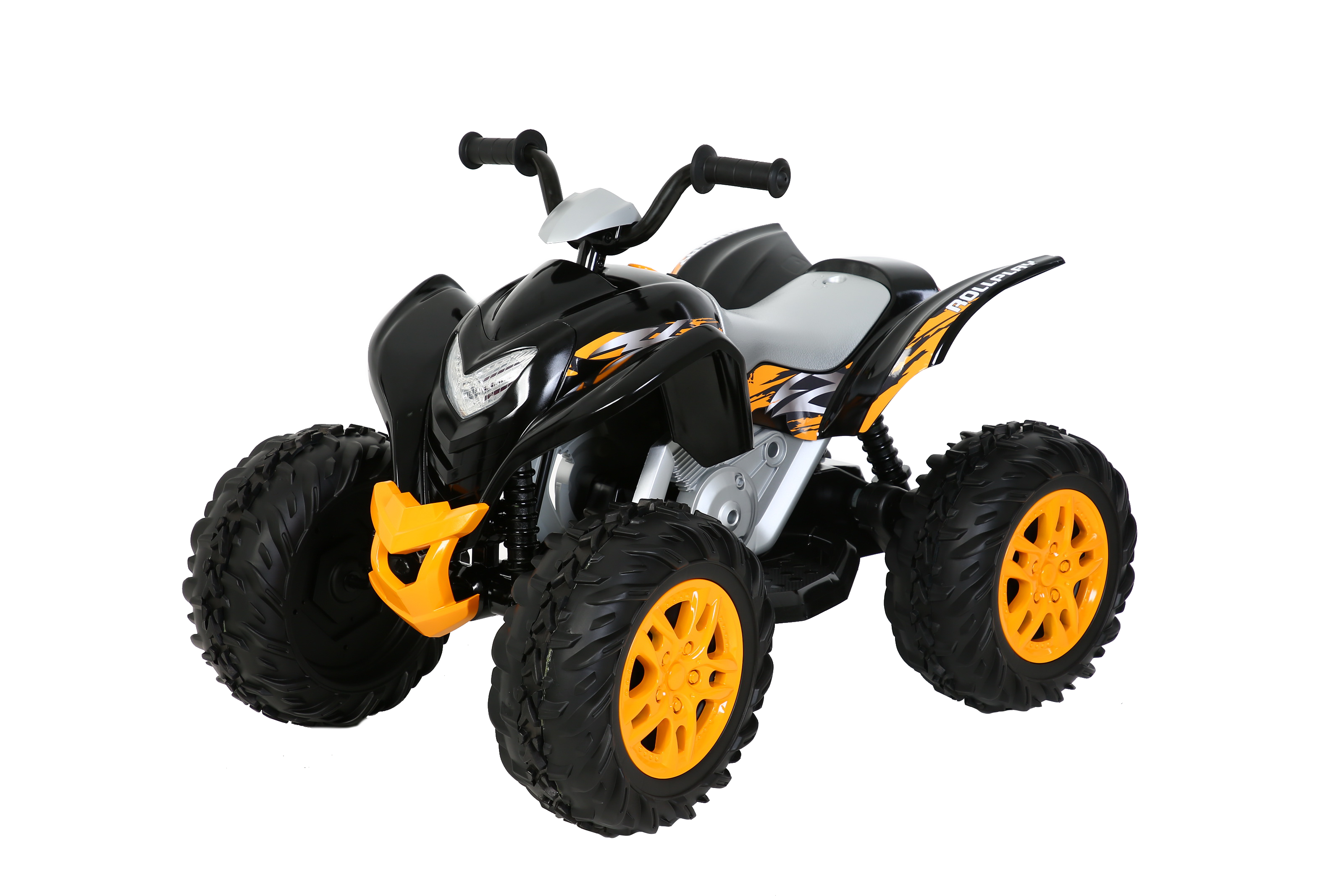 Schwarz-oranges Spielzeug-ATV mit großen Rädern. Weißer Hintergrund.