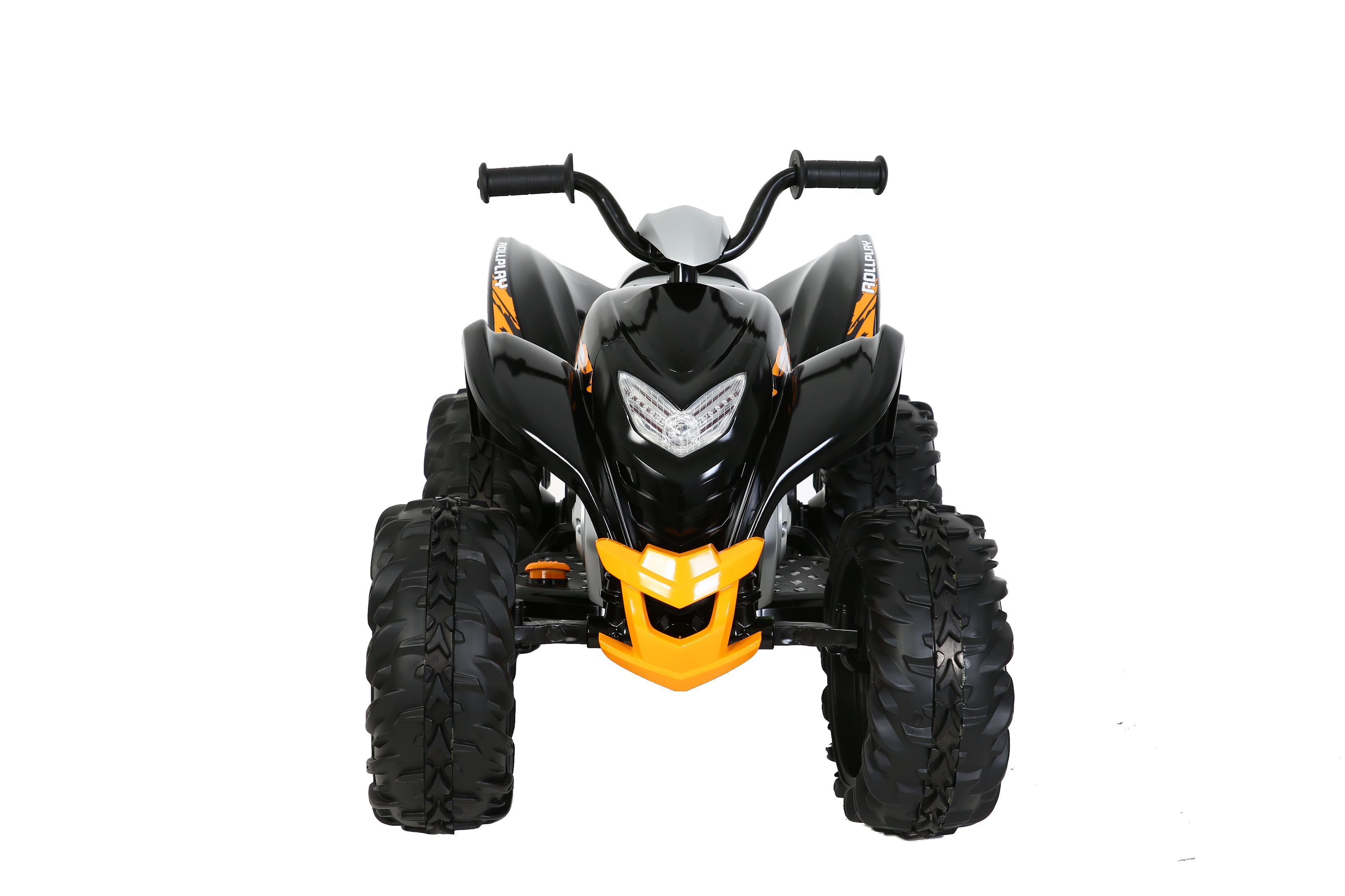Schwarz-gelbes ATV-Spielzeug. Es hat große Reifen und einen Scheinwerfer.