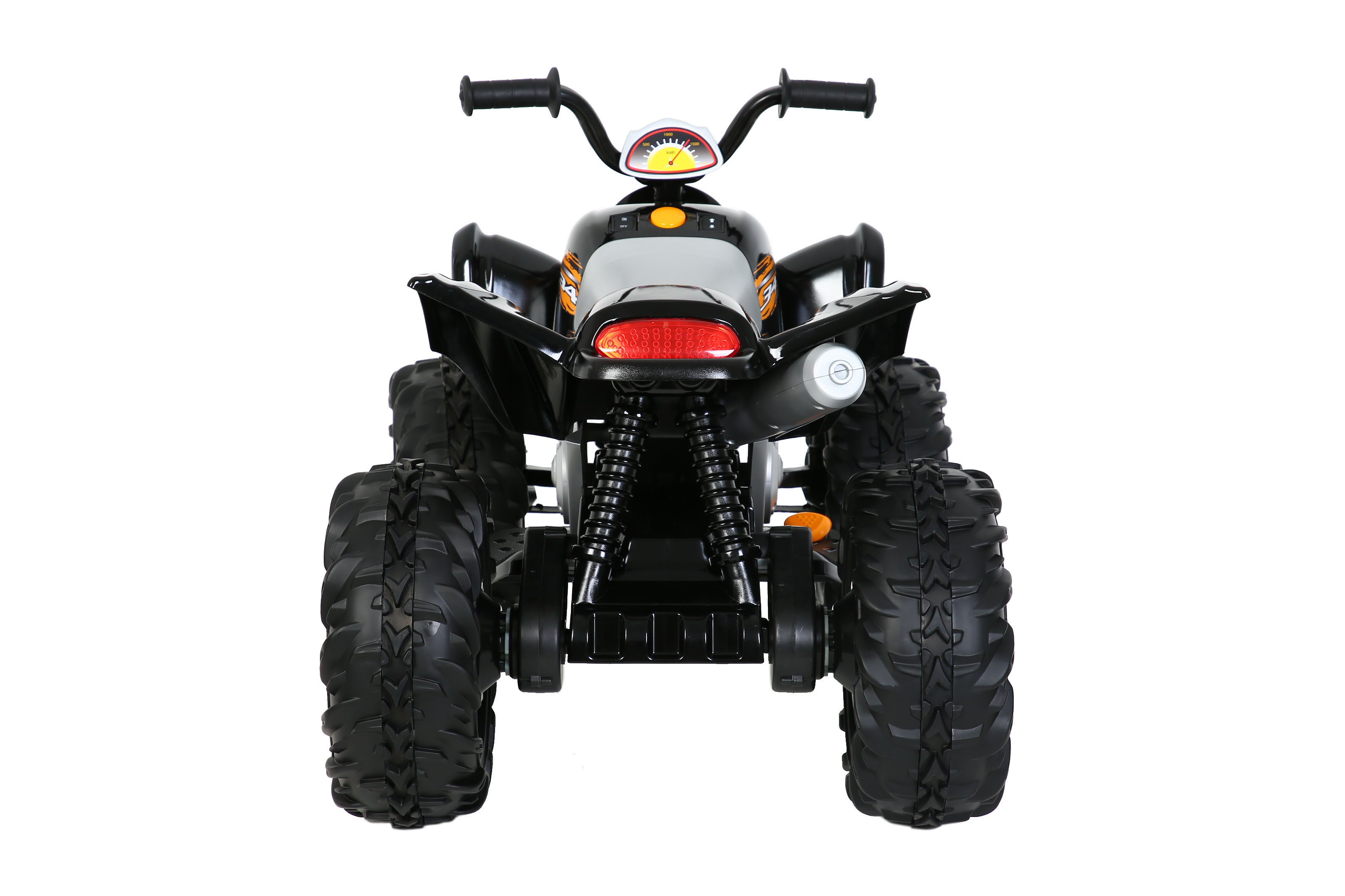 Ein schwarz-graues ATV-Spielzeug isoliert auf weißem Hintergrund.