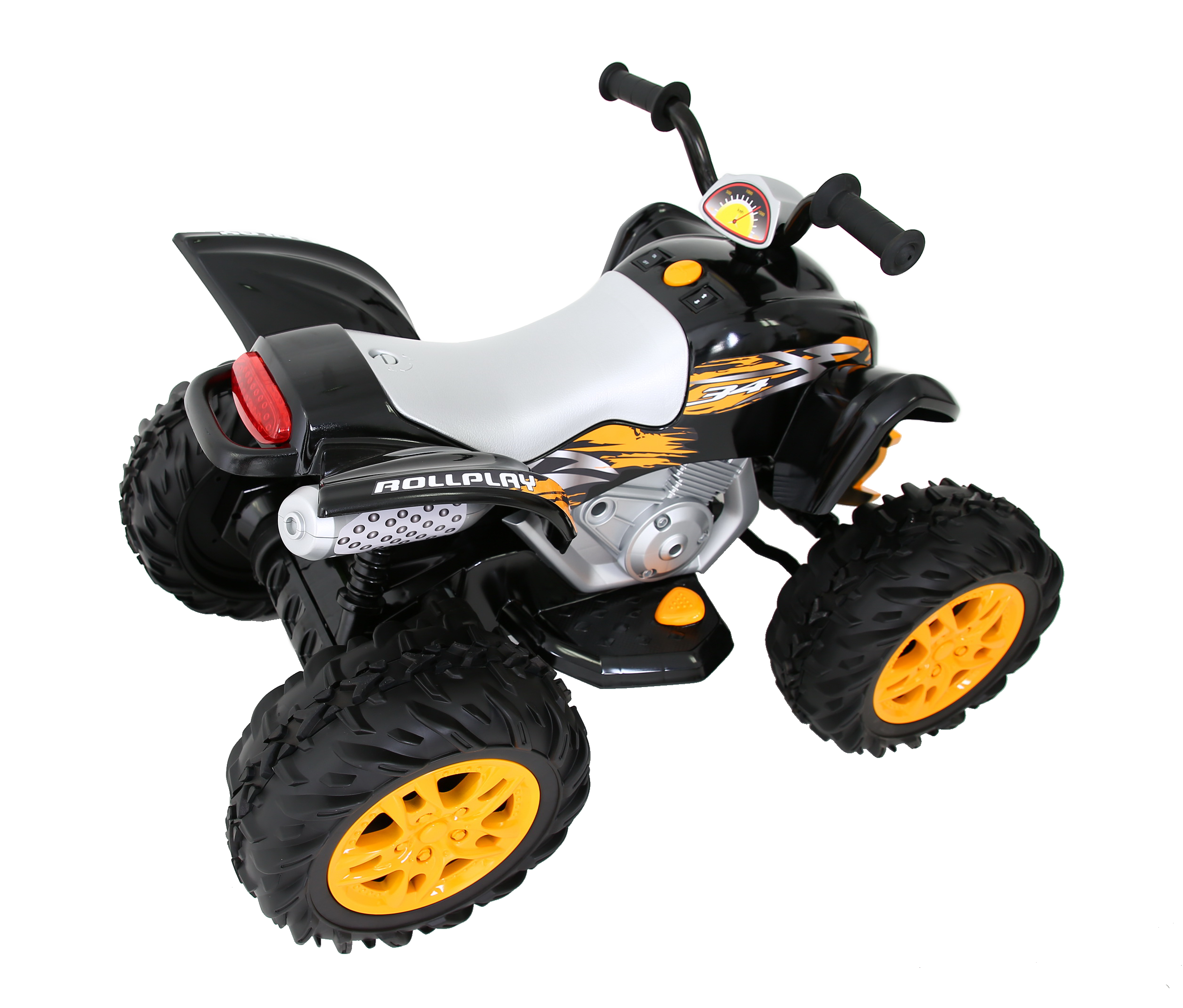 Schwarzes und gelbes Spielzeug-ATV auf weißem Hintergrund.