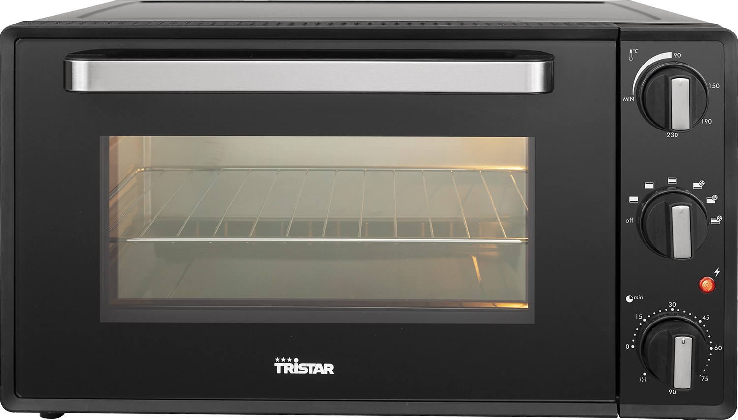 A black electric oven with a silver handle and temperature controls is shown. It has a glass door.