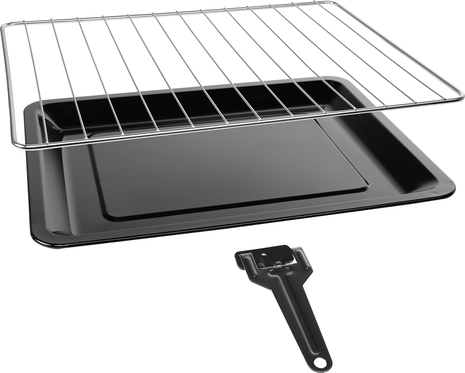 A black oven rack, a black baking tray, and a black scraper on a plain background.