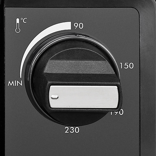 Black oven dial. Numbers: 90, 150, 170, and 230. Temperature and min signs.