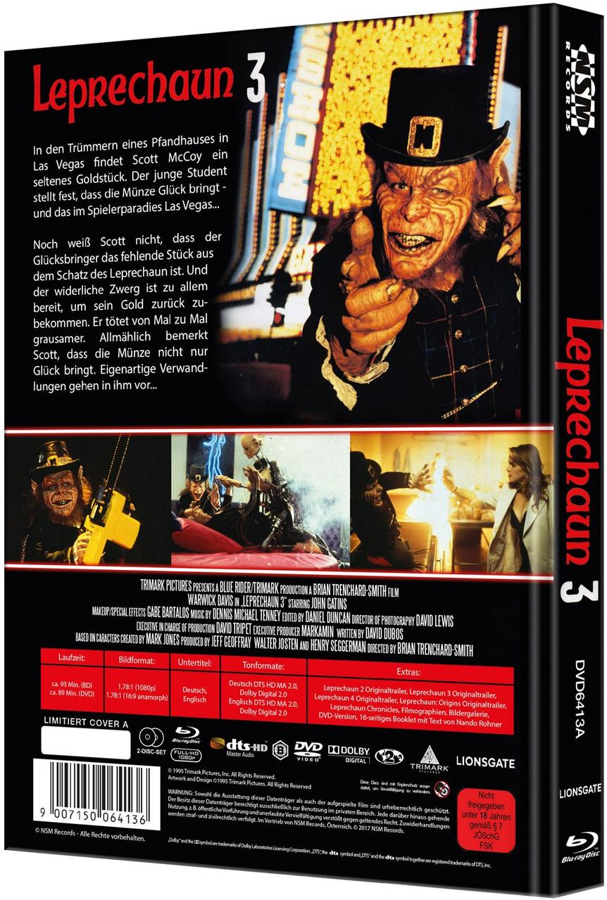 DVD-Cover von Leprechaun 3, ein Mann mit grünem Hut zeigt, Las Vegas Hintergrund.
