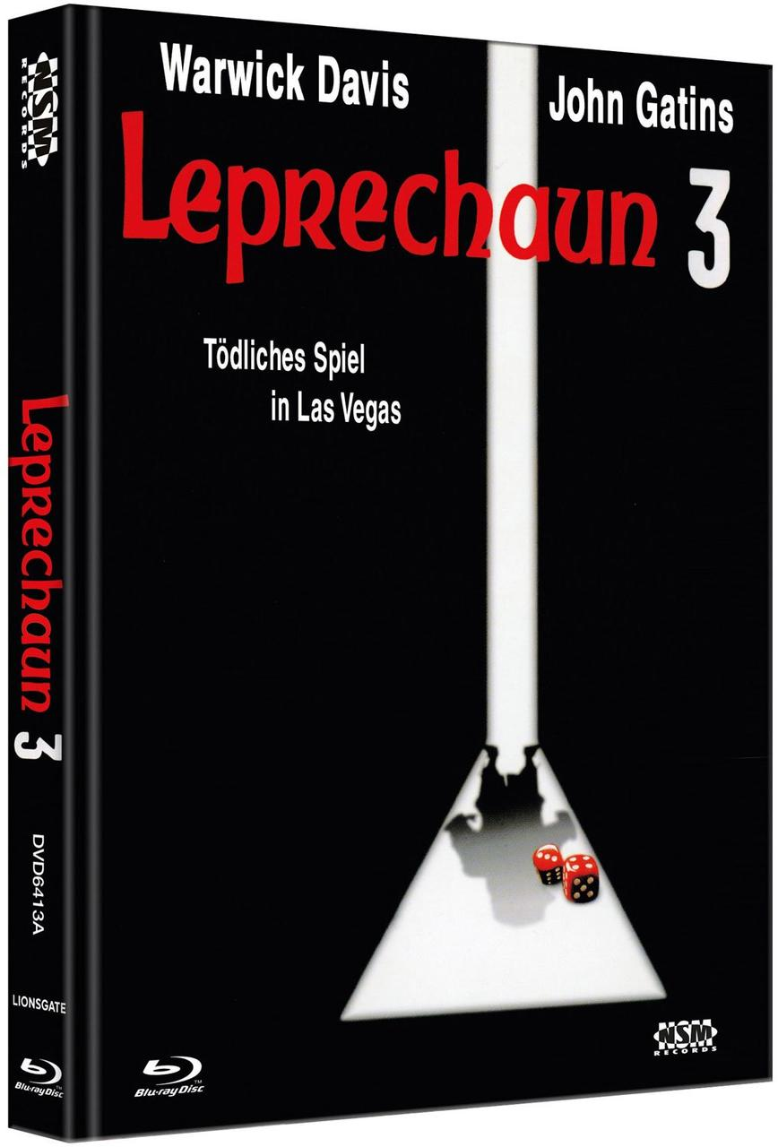 DVD-Hülle für 'Leprechaun 3'. Warwick Davis und John Gatins sind gelistet. Das Cover ist schwarz mit Würfeln.
